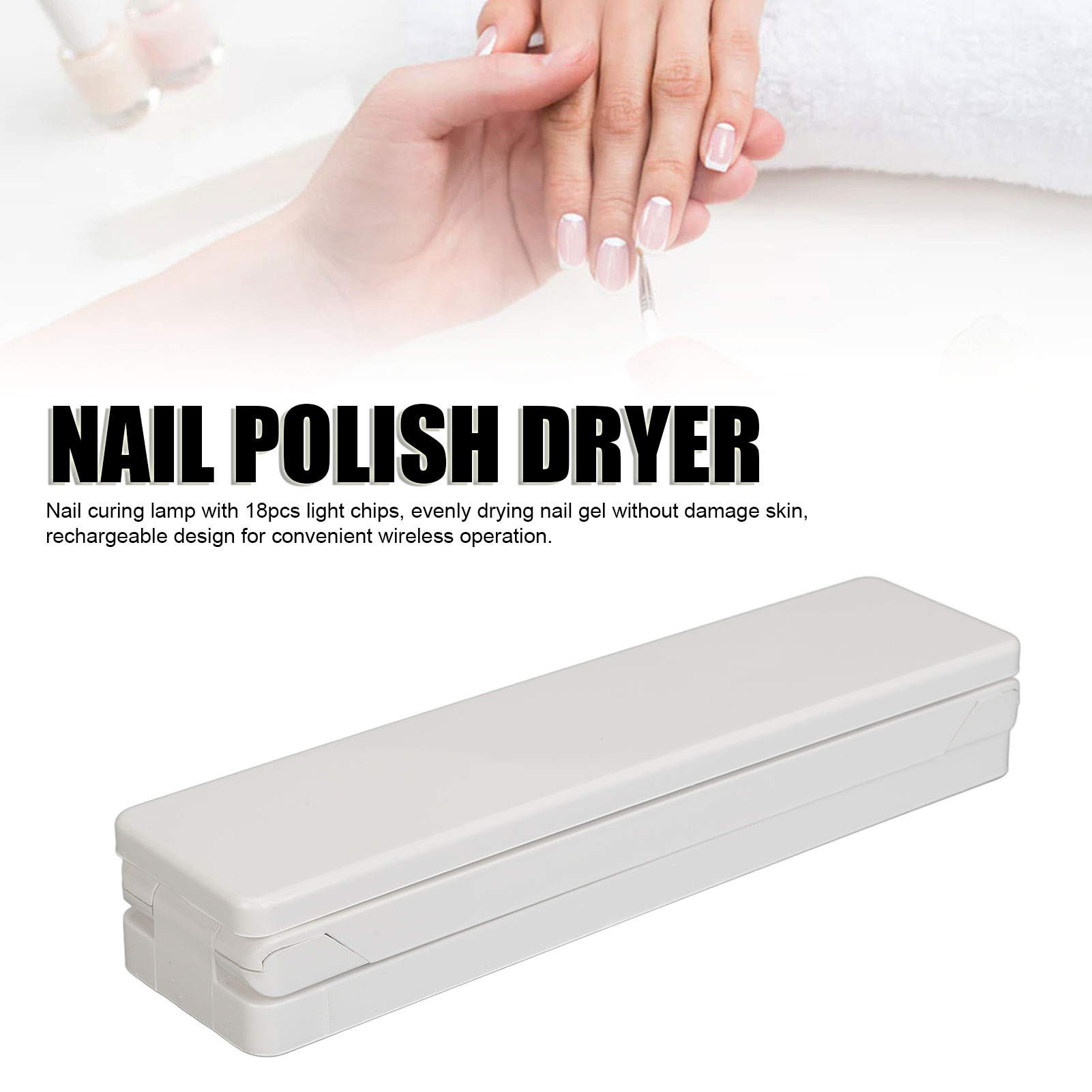 Ein weißer Nagellacktrockner mit einer Hand, die Nägel lackiert.