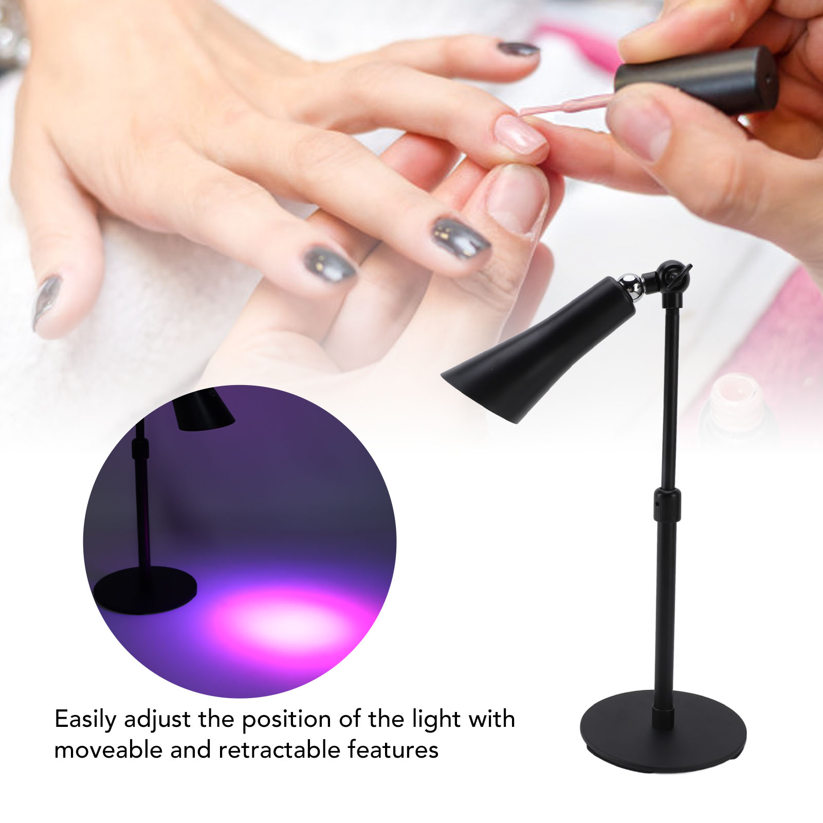 Eine Person lackiert Nägel, eine Lampe beleuchtet den Arbeitsbereich.