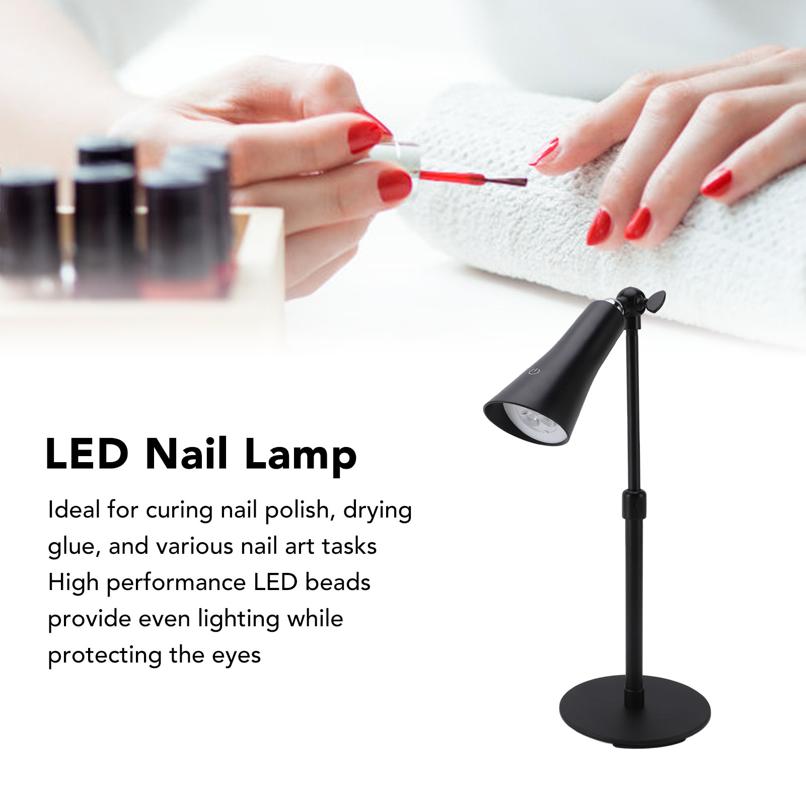 Eine Hand mit roten Nägeln trägt Nagellack auf, daneben eine schwarze LED-Lampe.