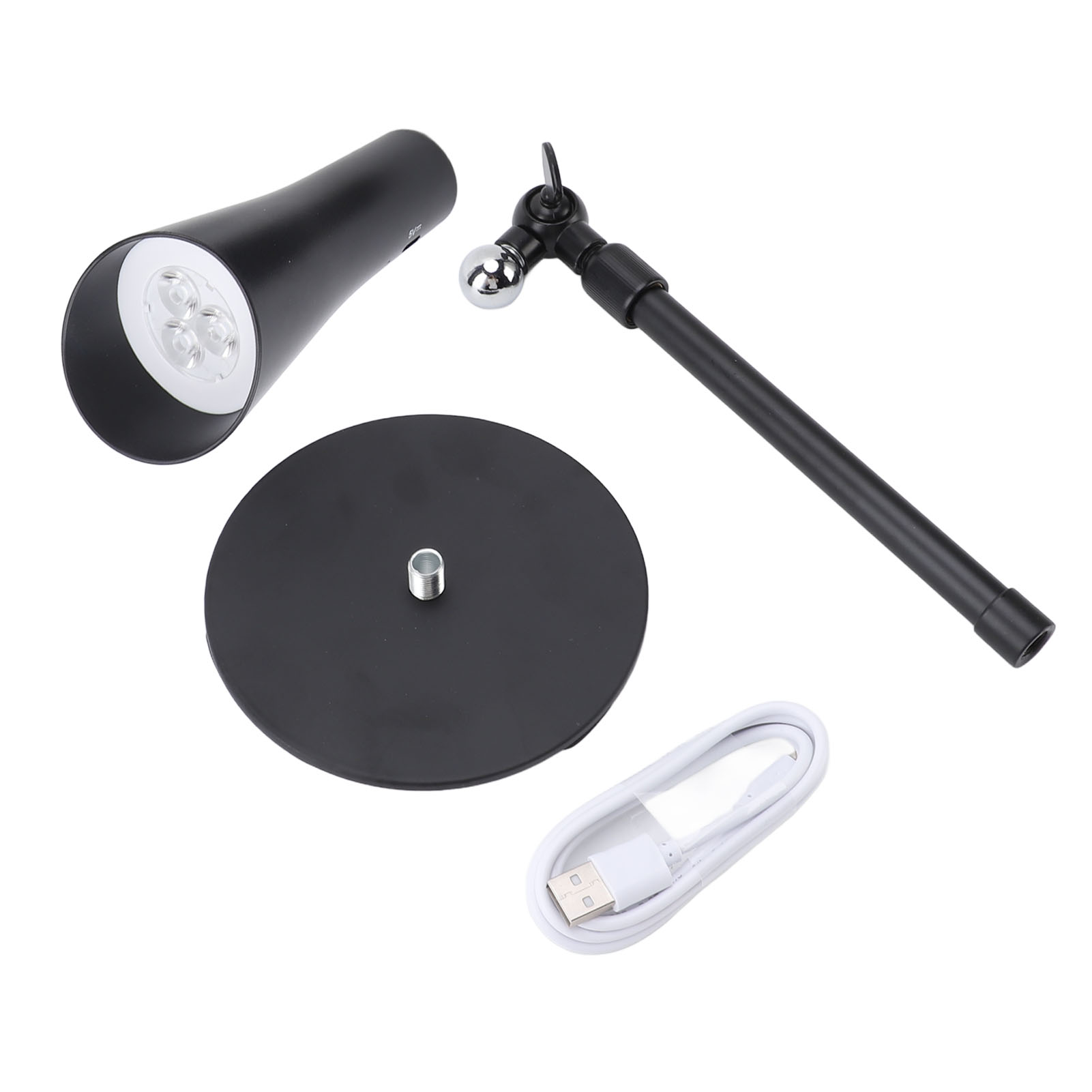 Schwarzer Lampenkopf mit LEDs, runder Sockel, Arm und USB-Kabel auf Weiß.