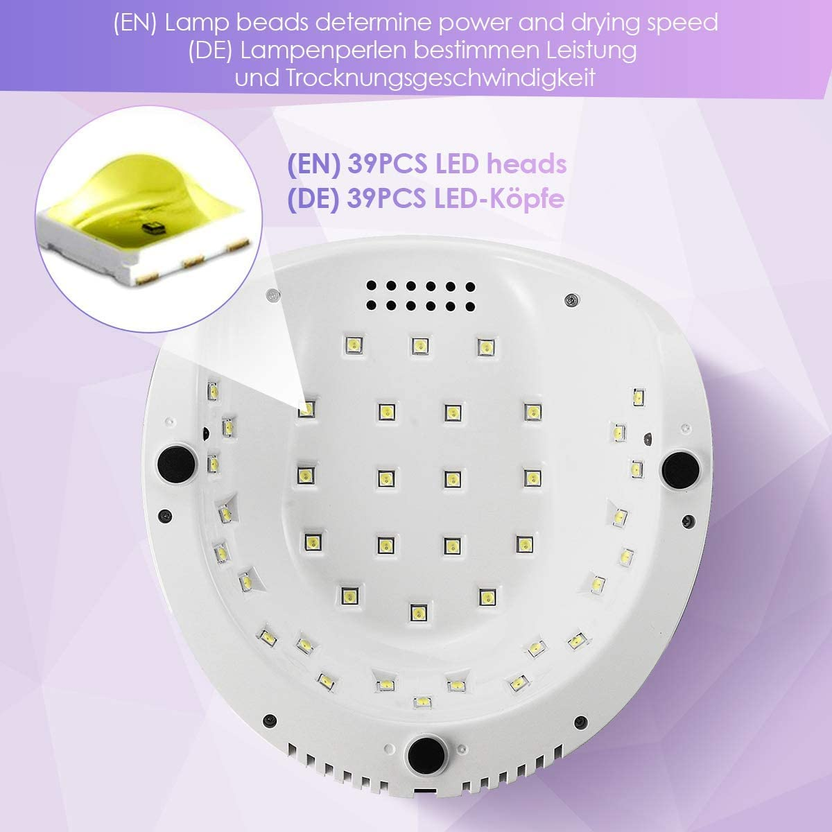 Eine weiße UV-Nagellampe mit 39 LED-Köpfen und Nahaufnahme eines einzelnen LED-Kopfes.