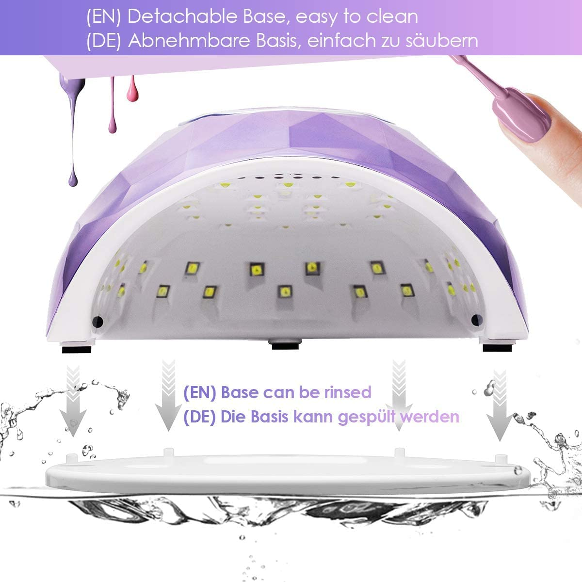Ein lila UV-Nagellampen-Gerät mit abnehmbarer Basis, die abgespült werden kann.