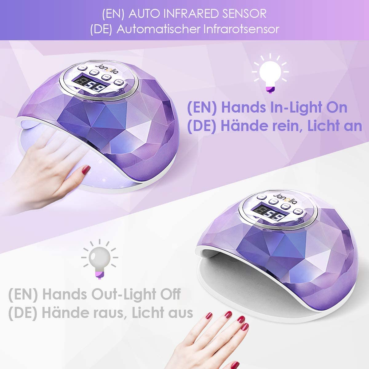 Lila UV-Lampe für Nägel mit Händen, die ein- und ausgefahren werden.