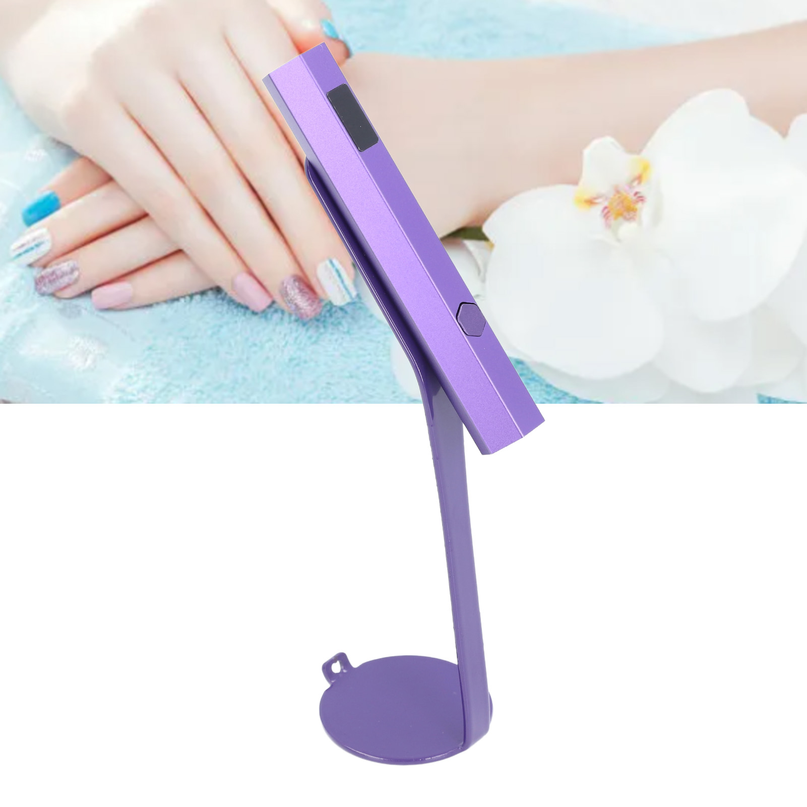 Lila Nagellampe auf einem Handtuch mit Orchidee.