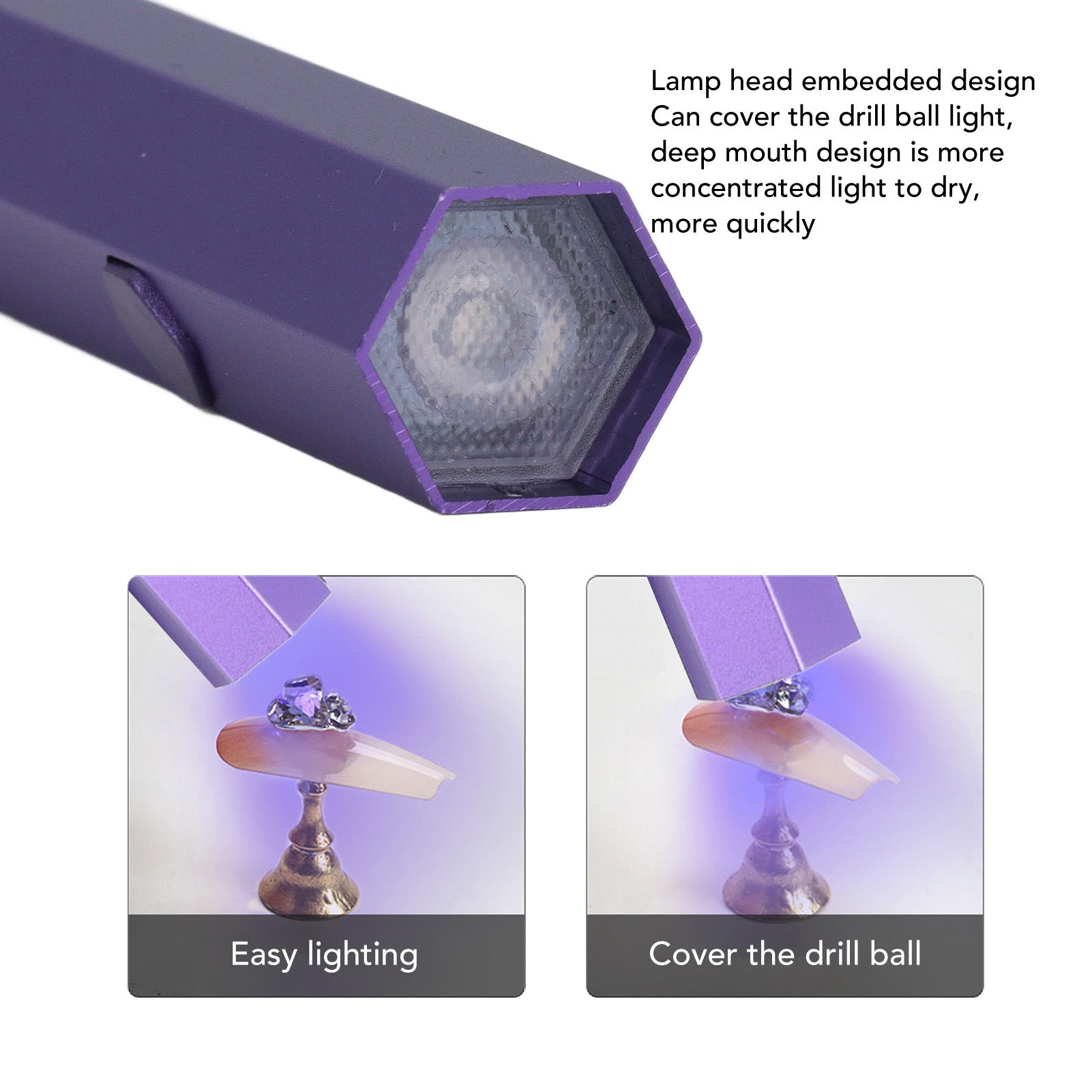 Lila sechseckige Lampe mit integriertem Licht härtet einen Nagel mit Edelsteinen.