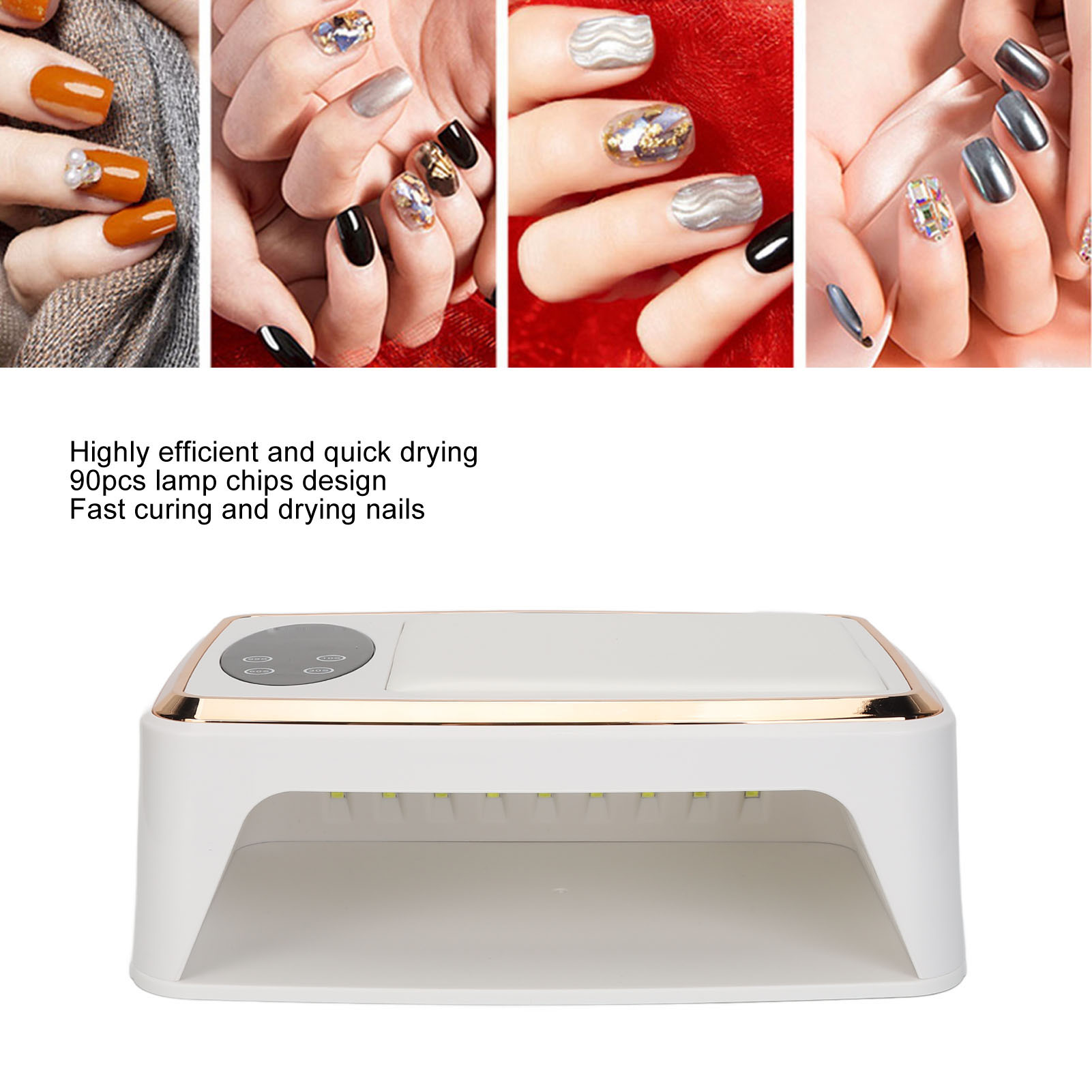Collage aus verzierten Nägeln und einer weißen UV-Nagellampe mit Goldrand.