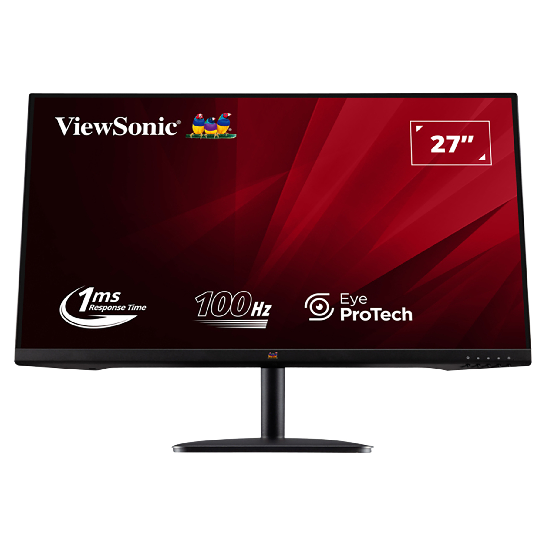 Een 27-inch monitor met ViewSonic logo, drie vogels, 1ms responstijd, 100Hz en Eye ProTech.