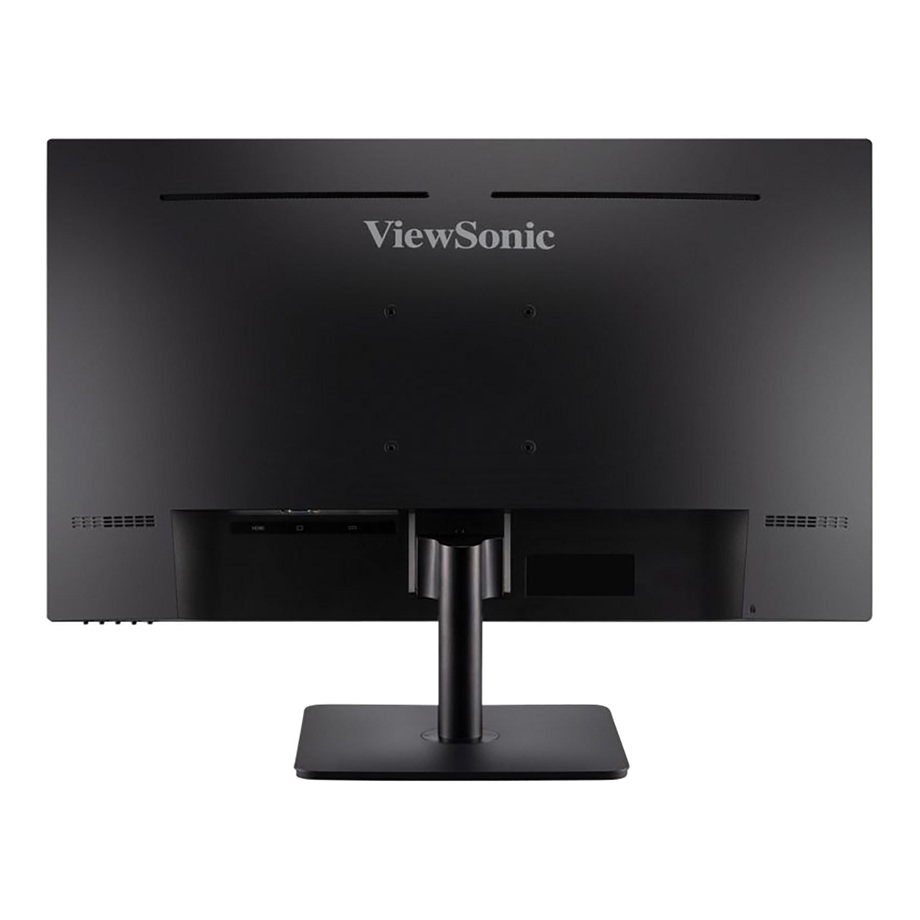 Achterkant van een zwarte ViewSonic monitor op een standaard, met poorten.