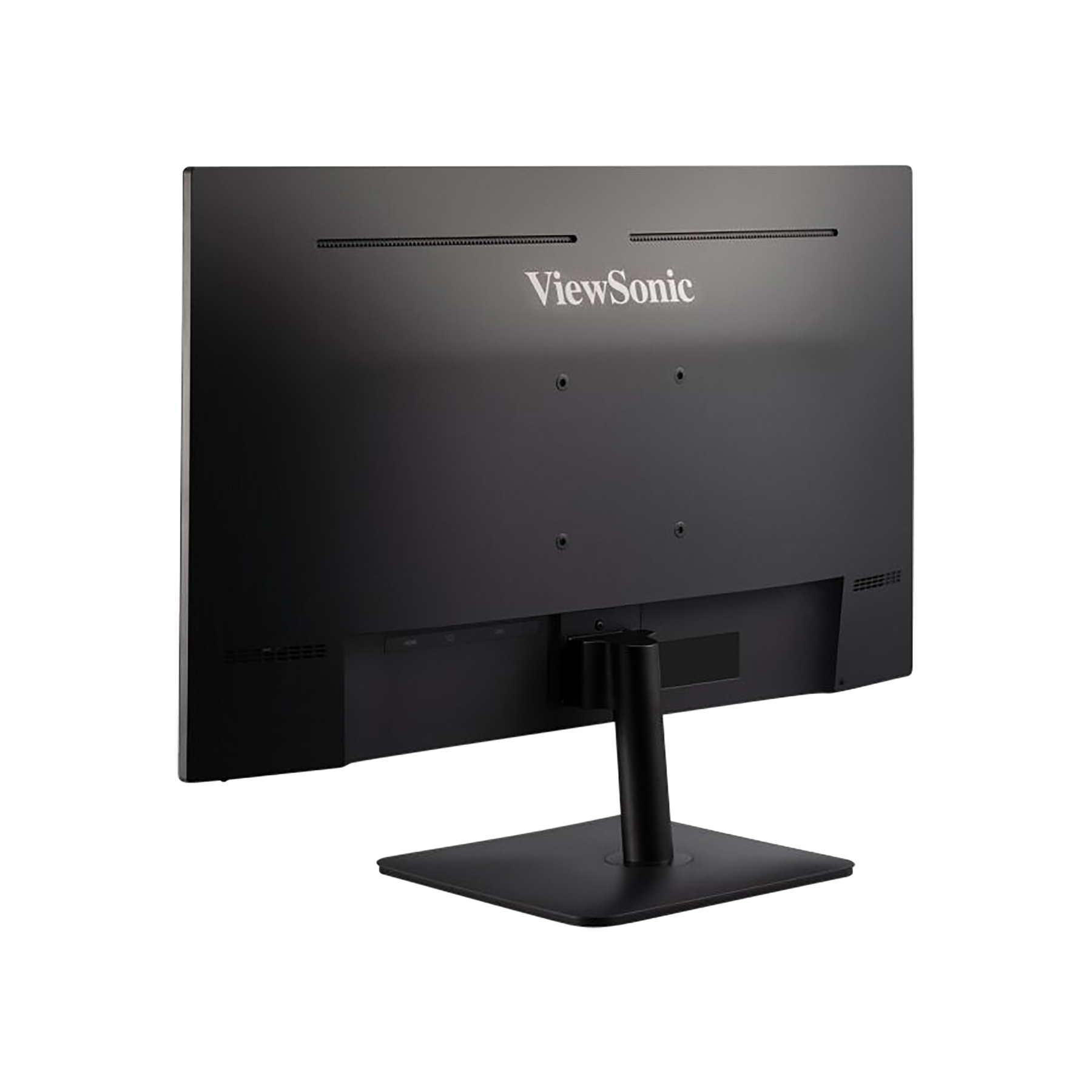 Achterkant van een zwarte ViewSonic monitor op een standaard, geïsoleerd op wit.
