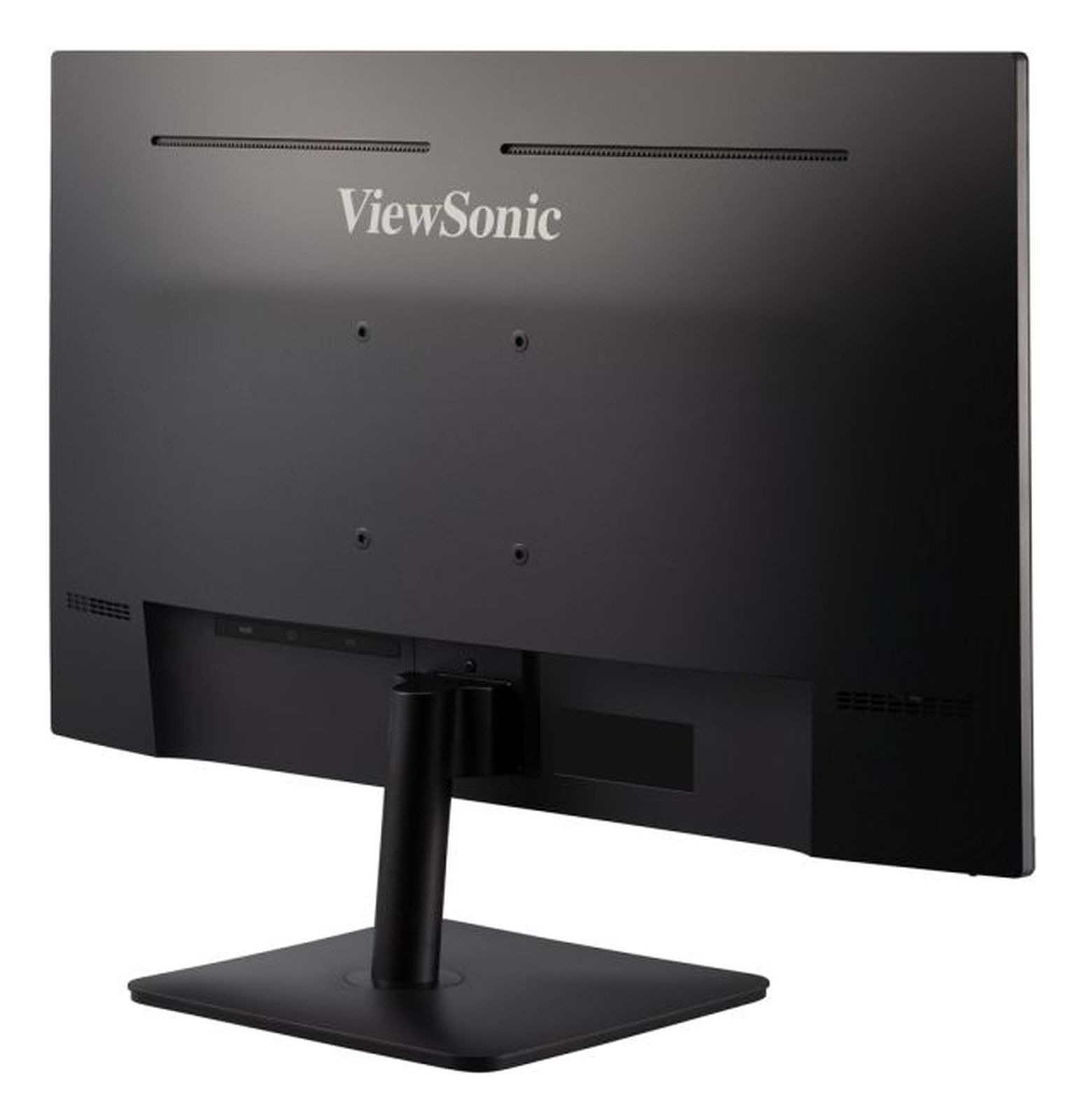 Achterkant van een zwarte ViewSonic monitor met standaard.