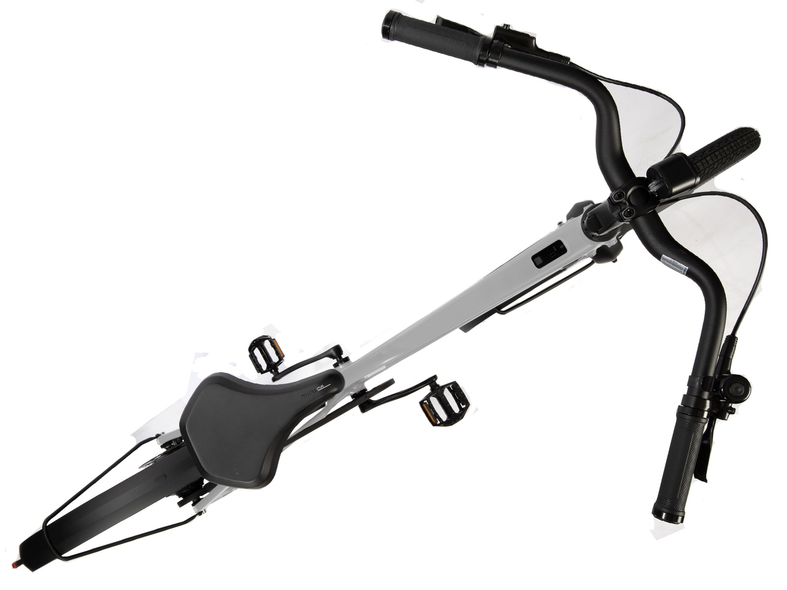 Ein graues Fahrrad mit schwarzem Lenker, Sitz und Pedalen, von oben betrachtet.