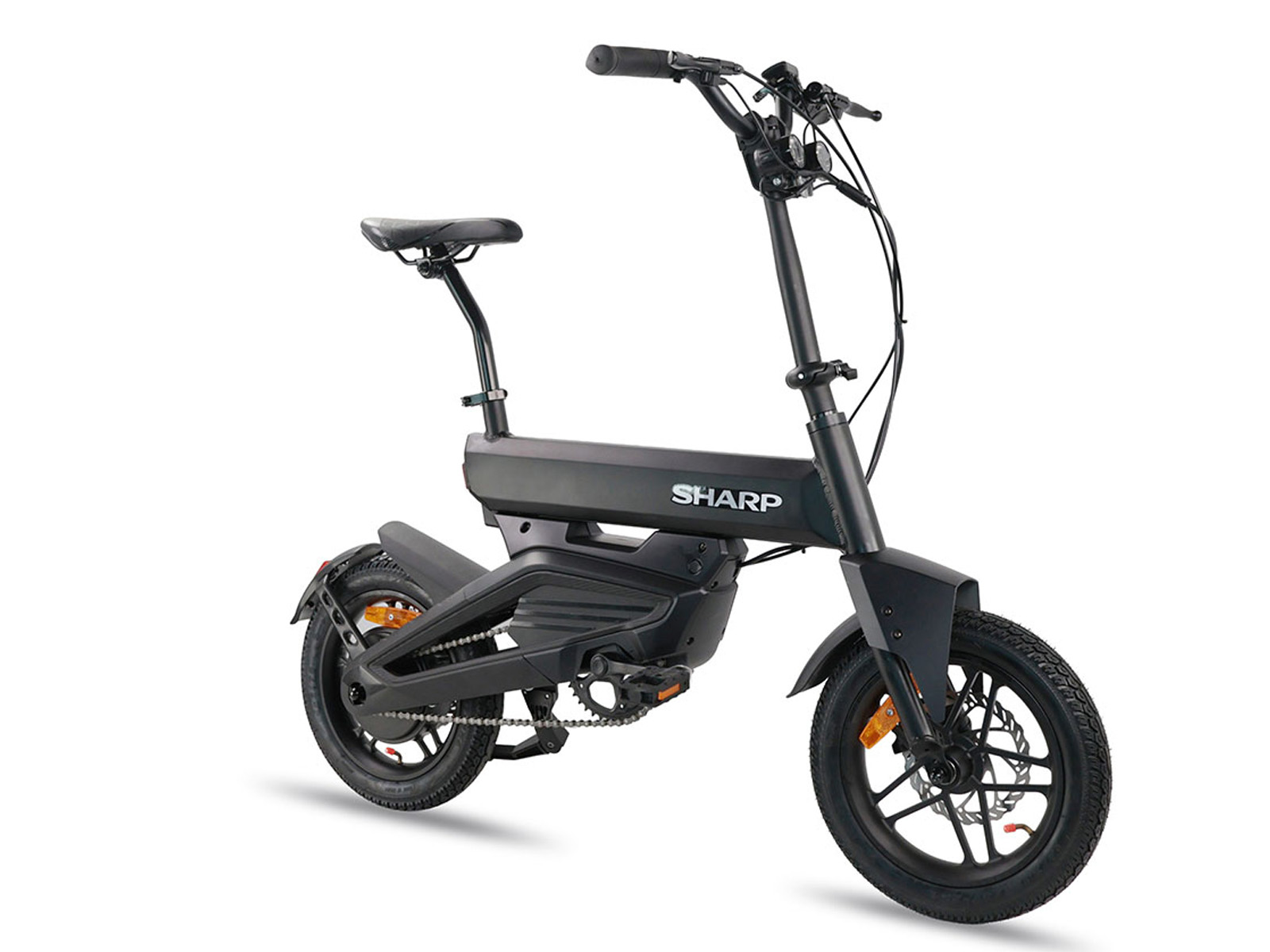 Schwarzes Sharp E-Bike mit weißem Logo, auf weißem Hintergrund.