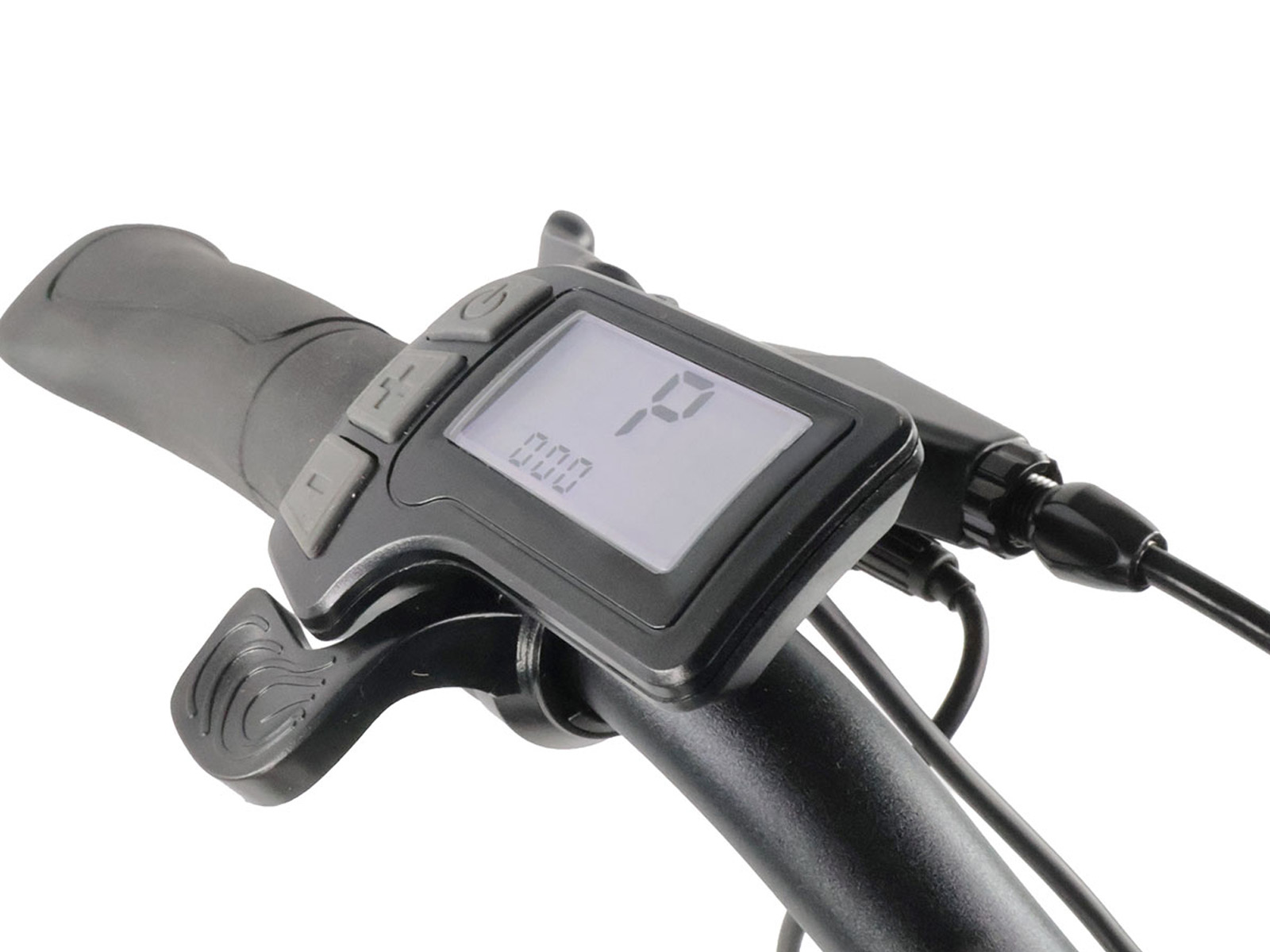 Digitalanzeige eines Fahrradlenkers mit Tasten und Gashebel.