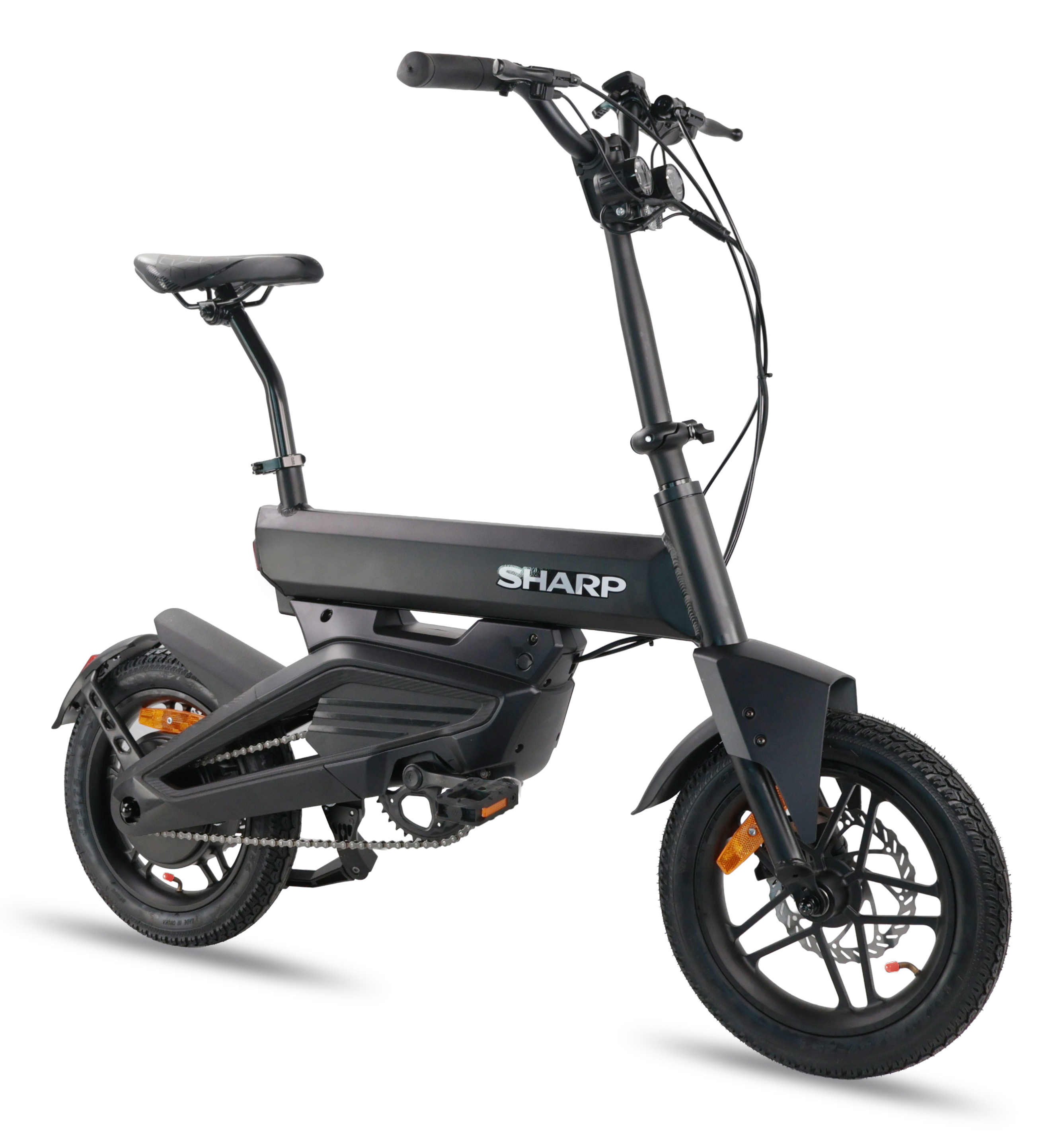 Ein schwarzes Sharp E-Bike mit gefedertem Rahmen, Vorderradbremse und Kettenantrieb.
