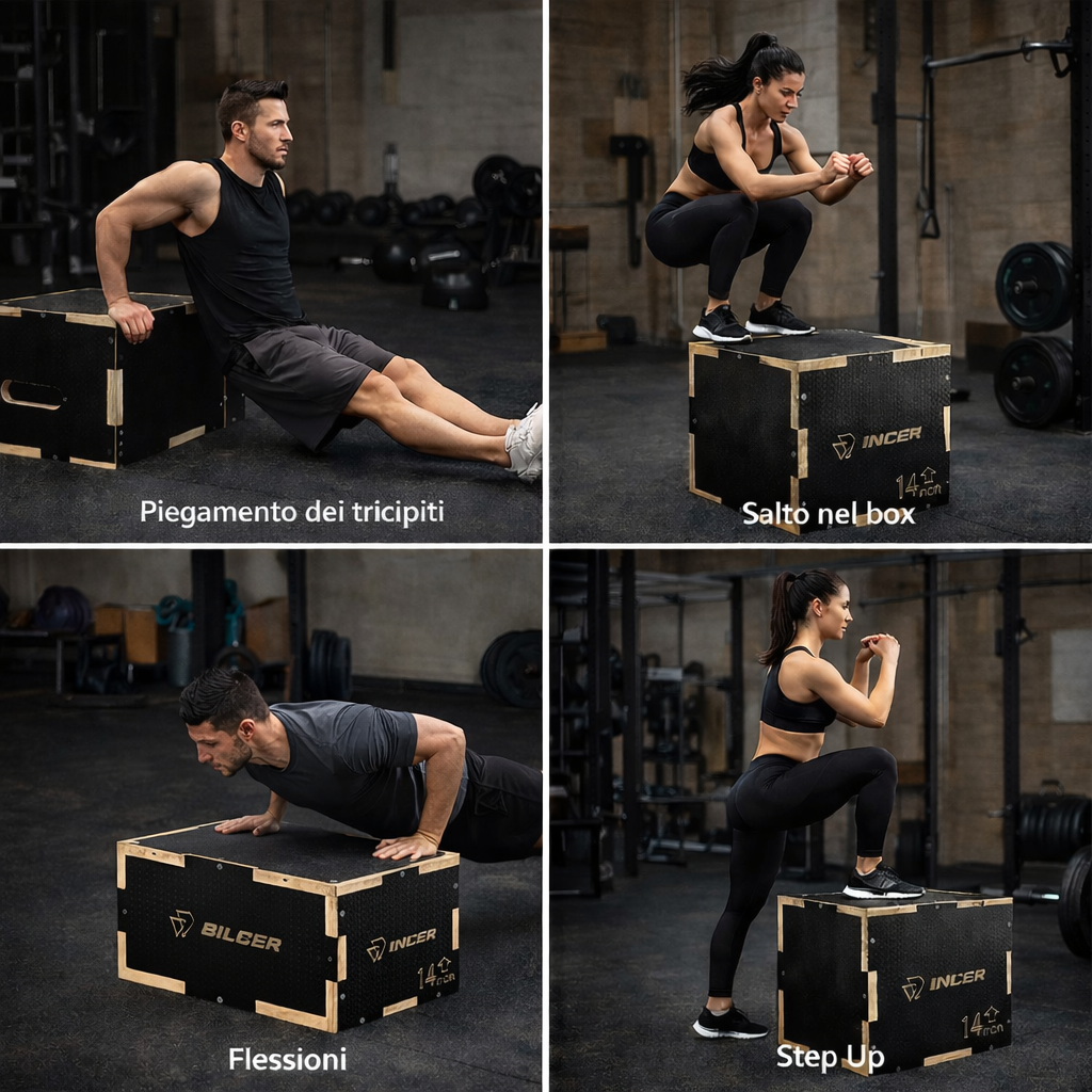Quattro esercizi fitness: piegamenti, salto nel box, flessioni, step up.