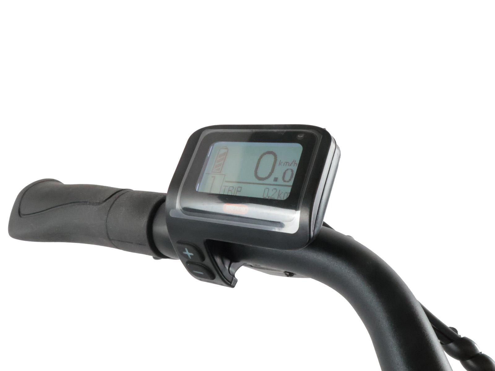 Fahrradlenker mit digitalem Display, das 0 km/h und 0,2 km anzeigt.