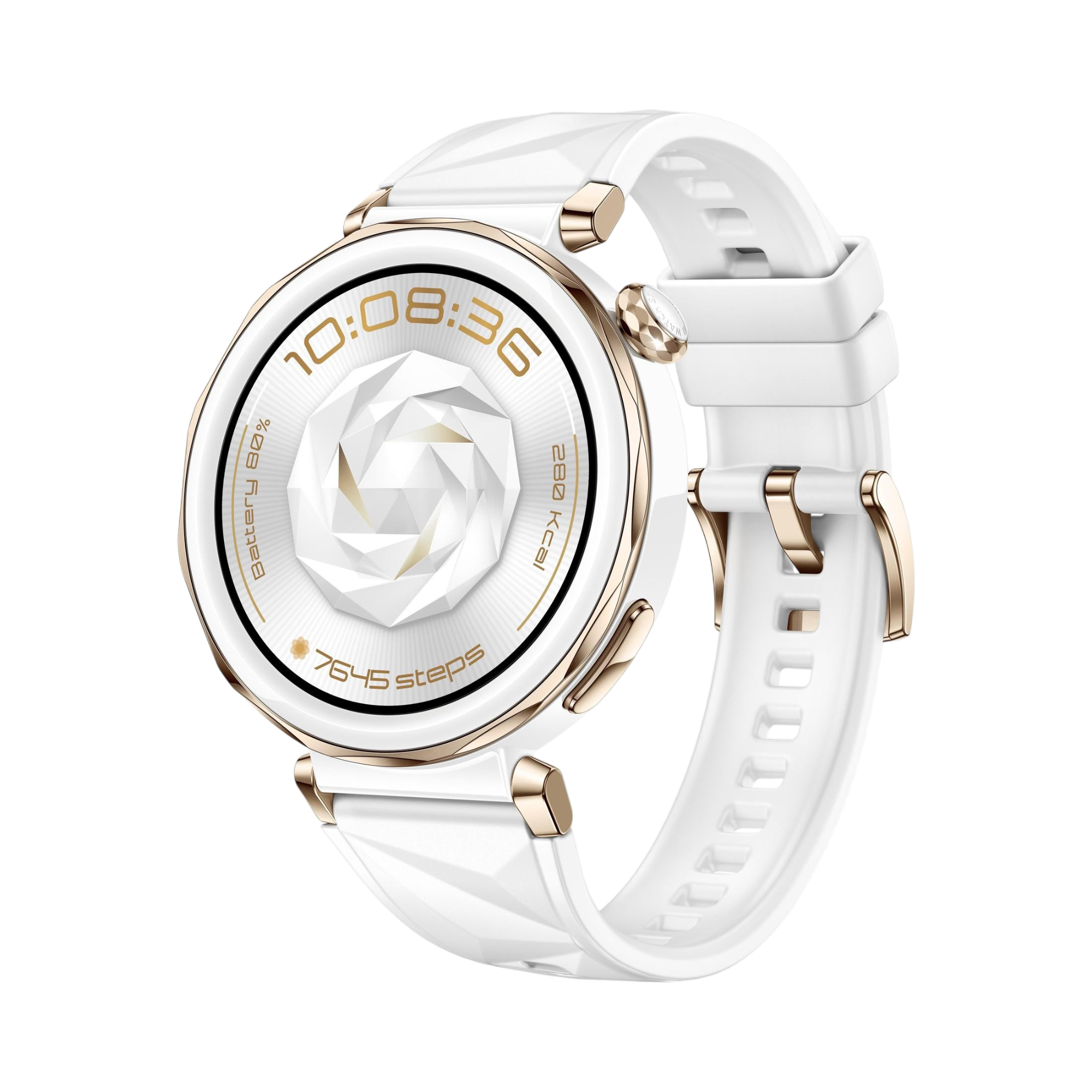 Weiße Smartwatch mit goldenen Akzenten und digitaler Anzeige: 10:08 Uhr, 80% Akku, 7645 Schritte, 280 kcal.