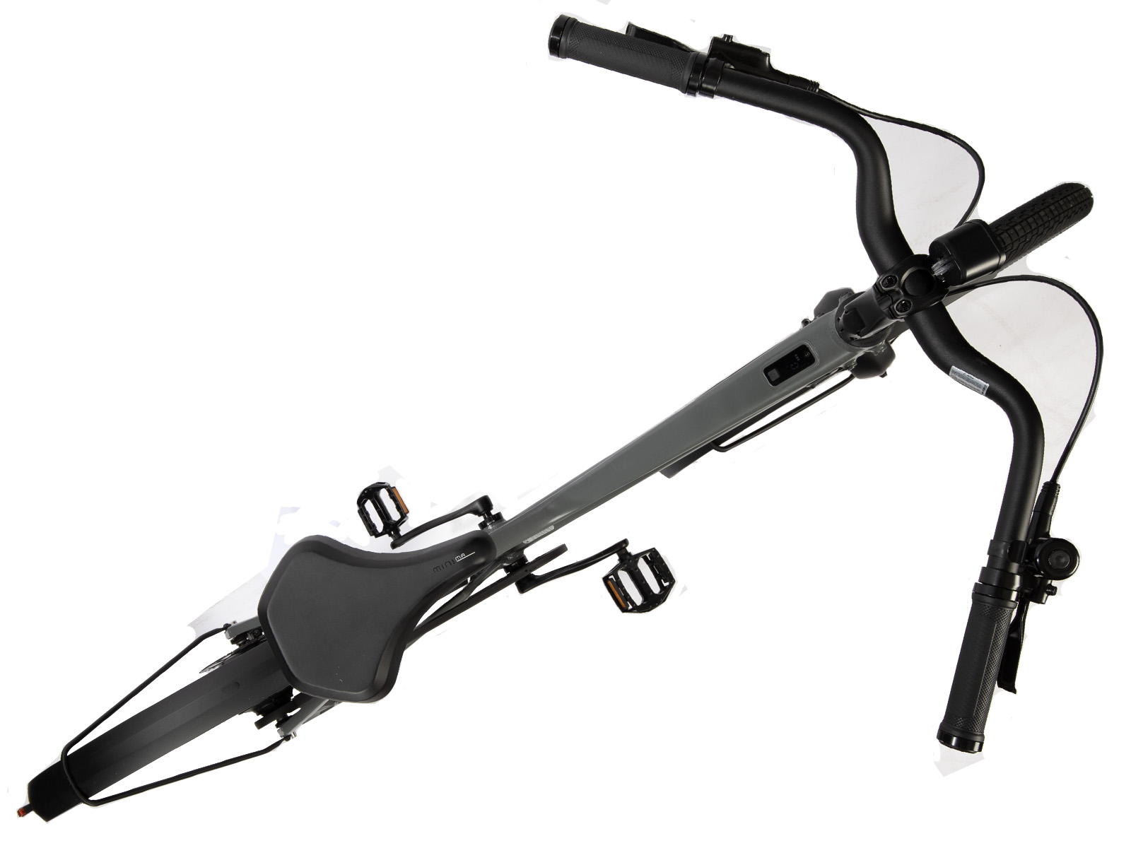 Graues Fahrrad mit schwarzem Sattel und Pedalen, von oben gesehen.