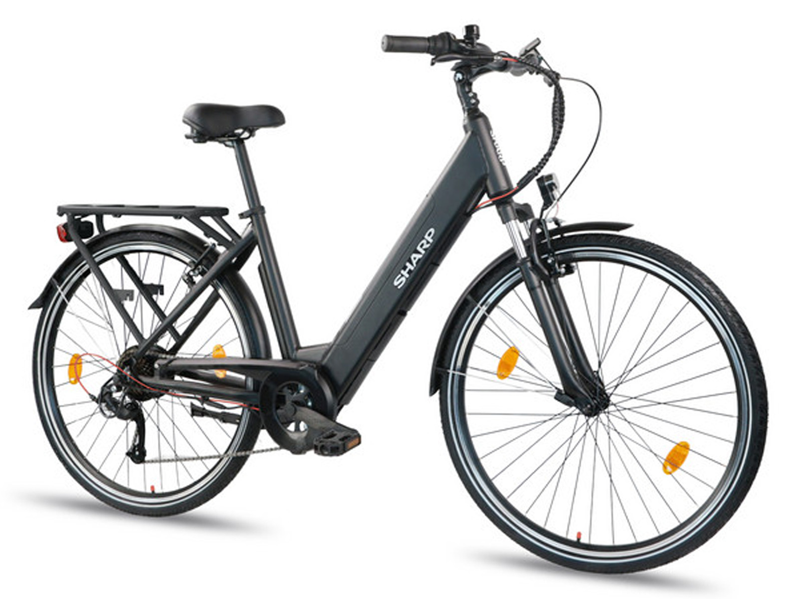 Ein schwarzes SHARP E-Bike mit Gepäckträger, Schutzblechen und Reflektoren.