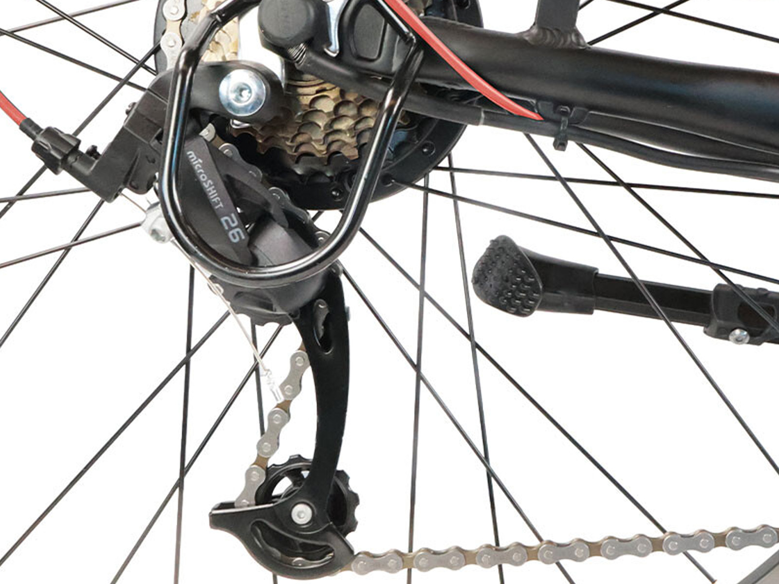Nahaufnahme des Fahrrad-Schaltwerks und der Kassette mit Kette.