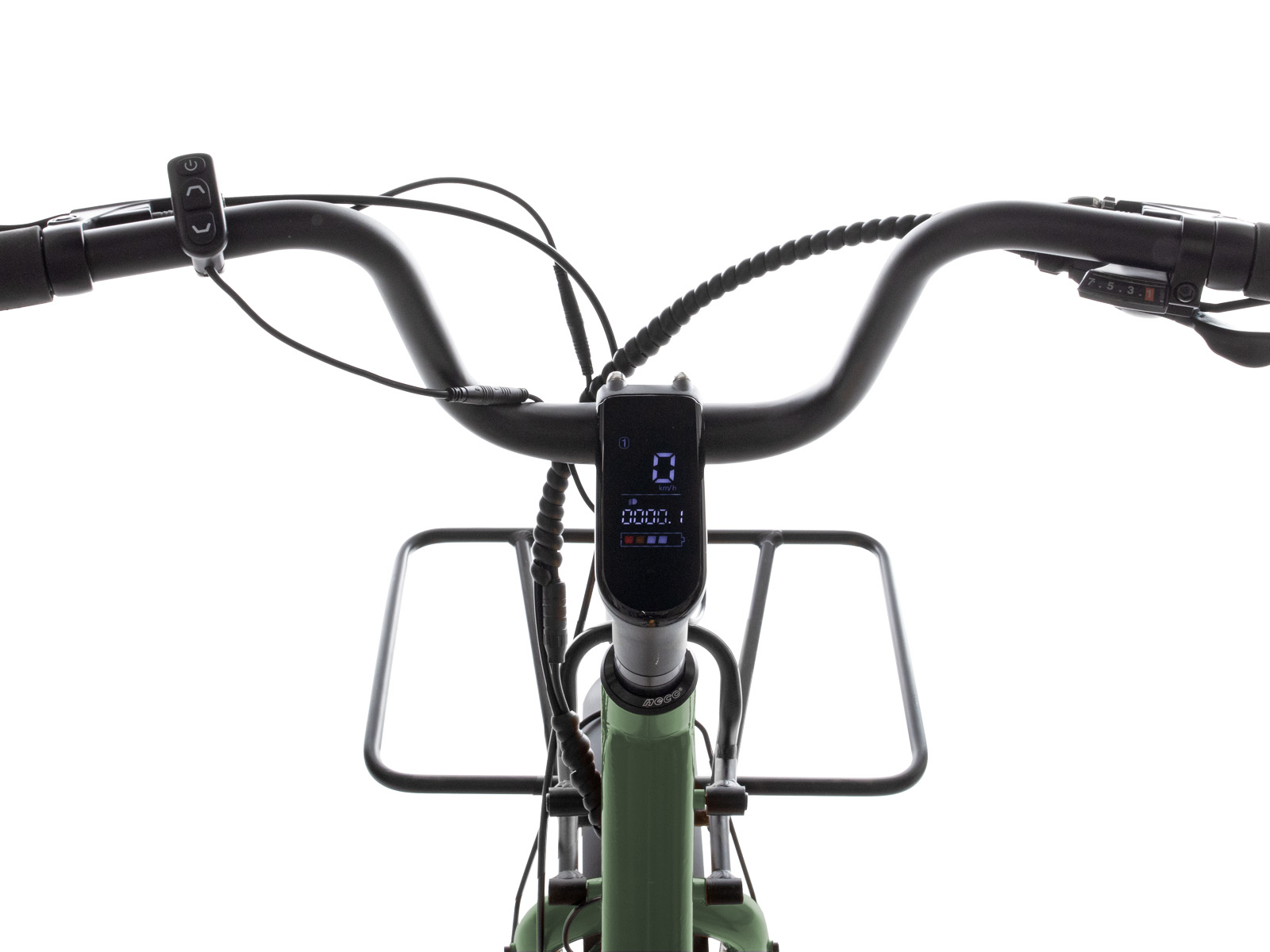 Fahrradlenker mit digitaler Anzeige, schwarzer Lenker, grüner Rahmen.