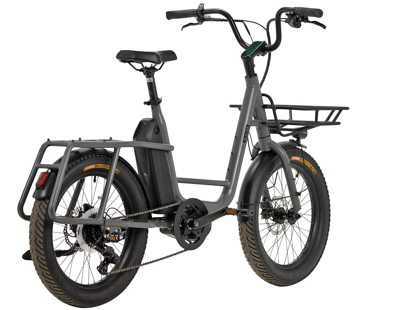 Graues E-Bike mit Vorder- und Rückträger, breiten Reifen und Sicht auf das Kettenblatt.