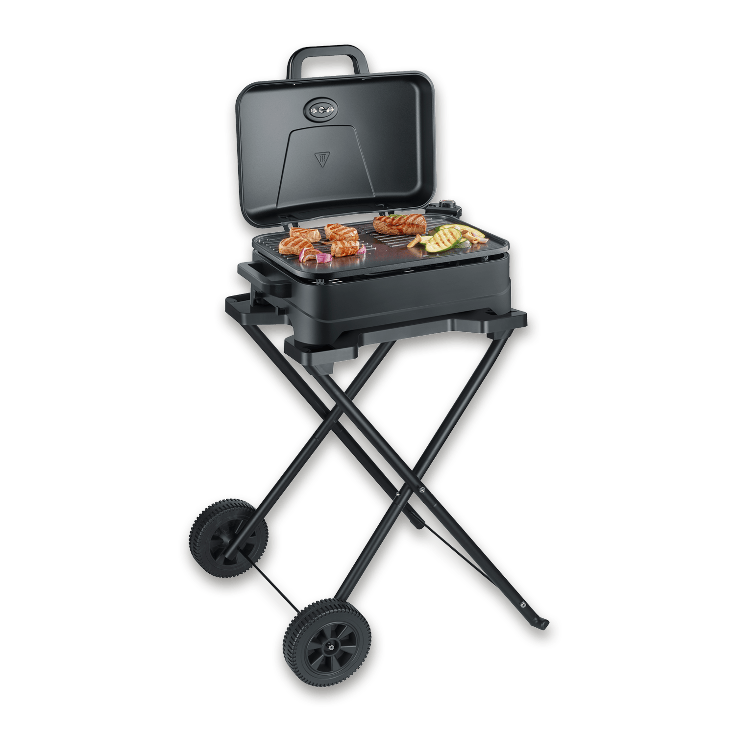 Parrilla portátil negra con comida cocinándose, tapa abierta, en un soporte con ruedas.