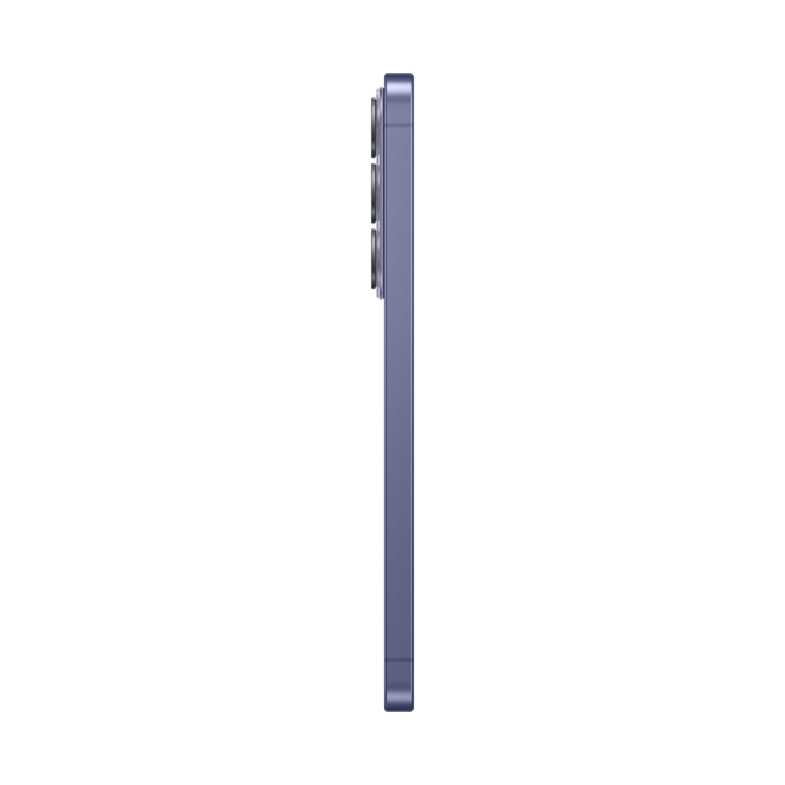 Ein blaues Smartphone mit drei Kameras auf der Rückseite, von der Seite gezeigt.