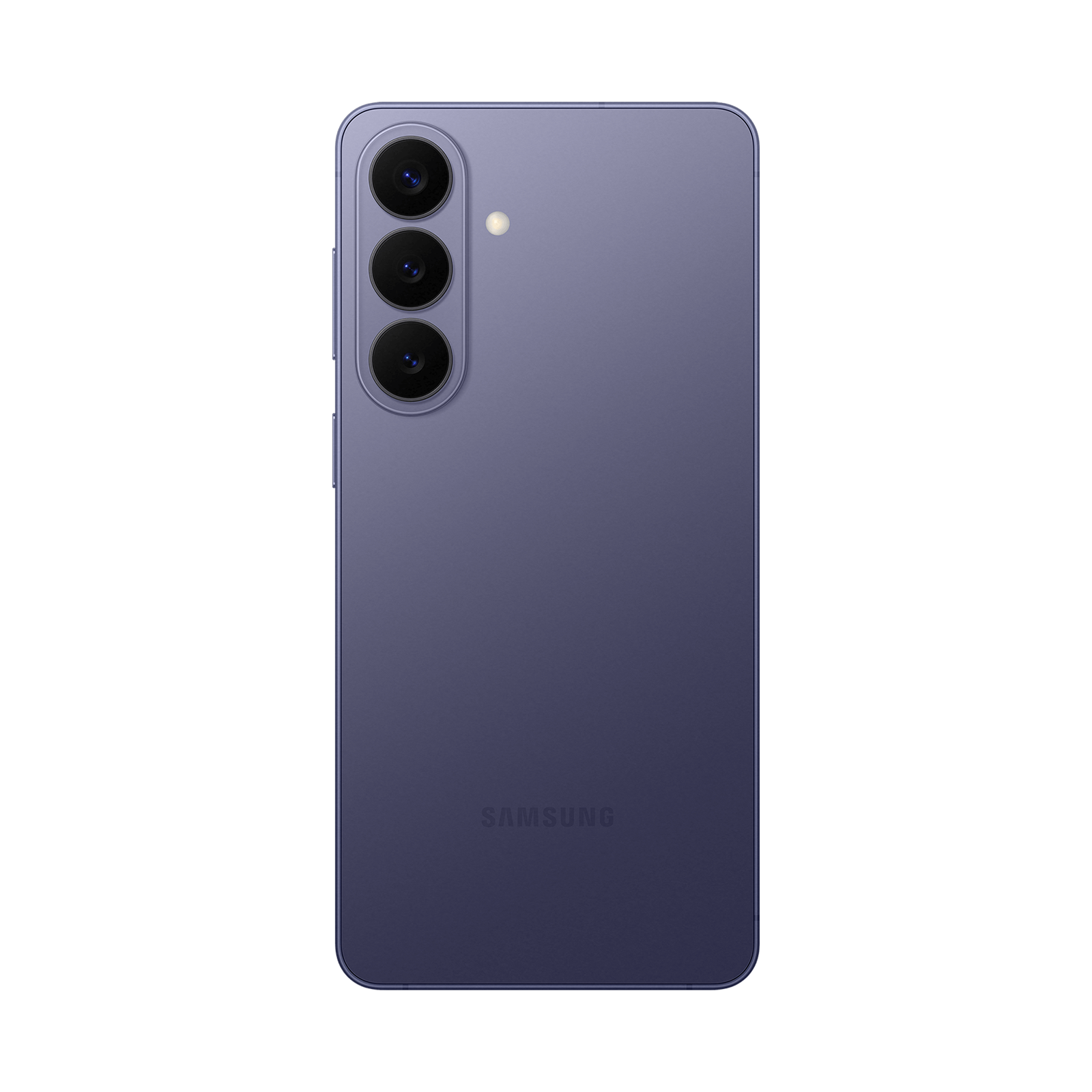 Rückseite eines lila Samsung Smartphones mit drei Kameralinsen und Blitz.
