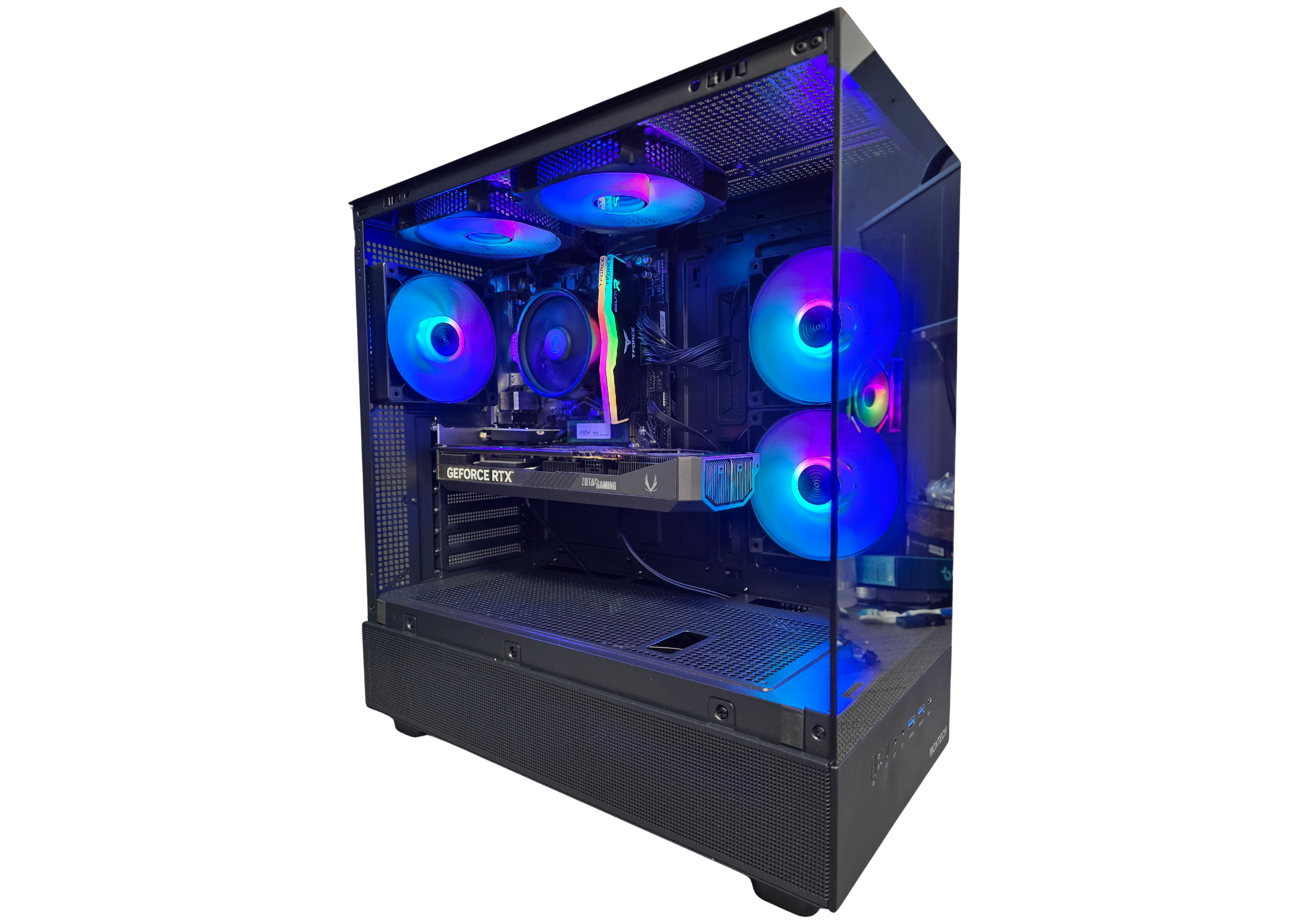 Una caja de PC con ventiladores RGB y una tarjeta gráfica GeForce RTX.