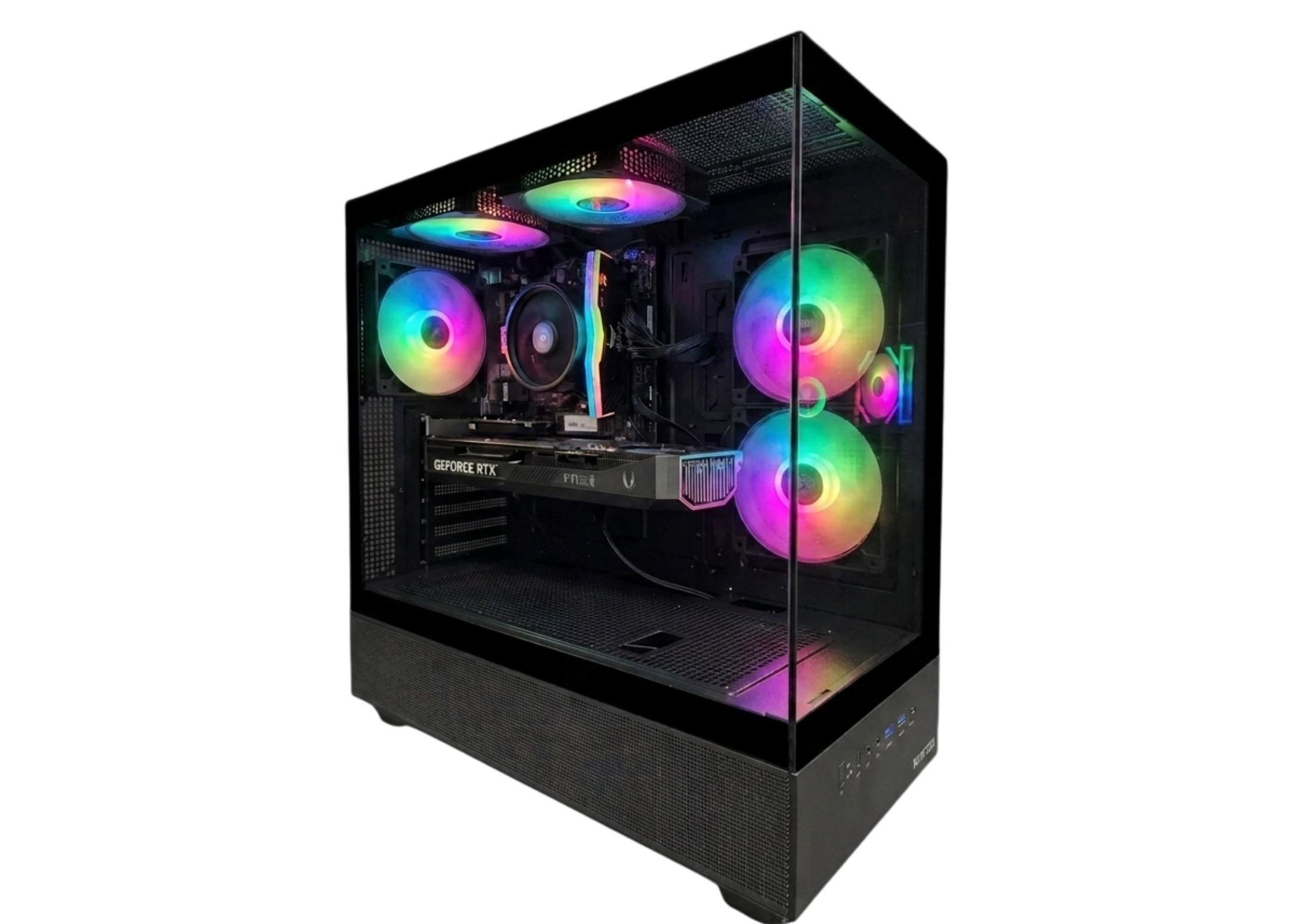 Una caja de PC con panel lateral de vidrio, mostrando ventiladores con iluminación RGB arcoíris.