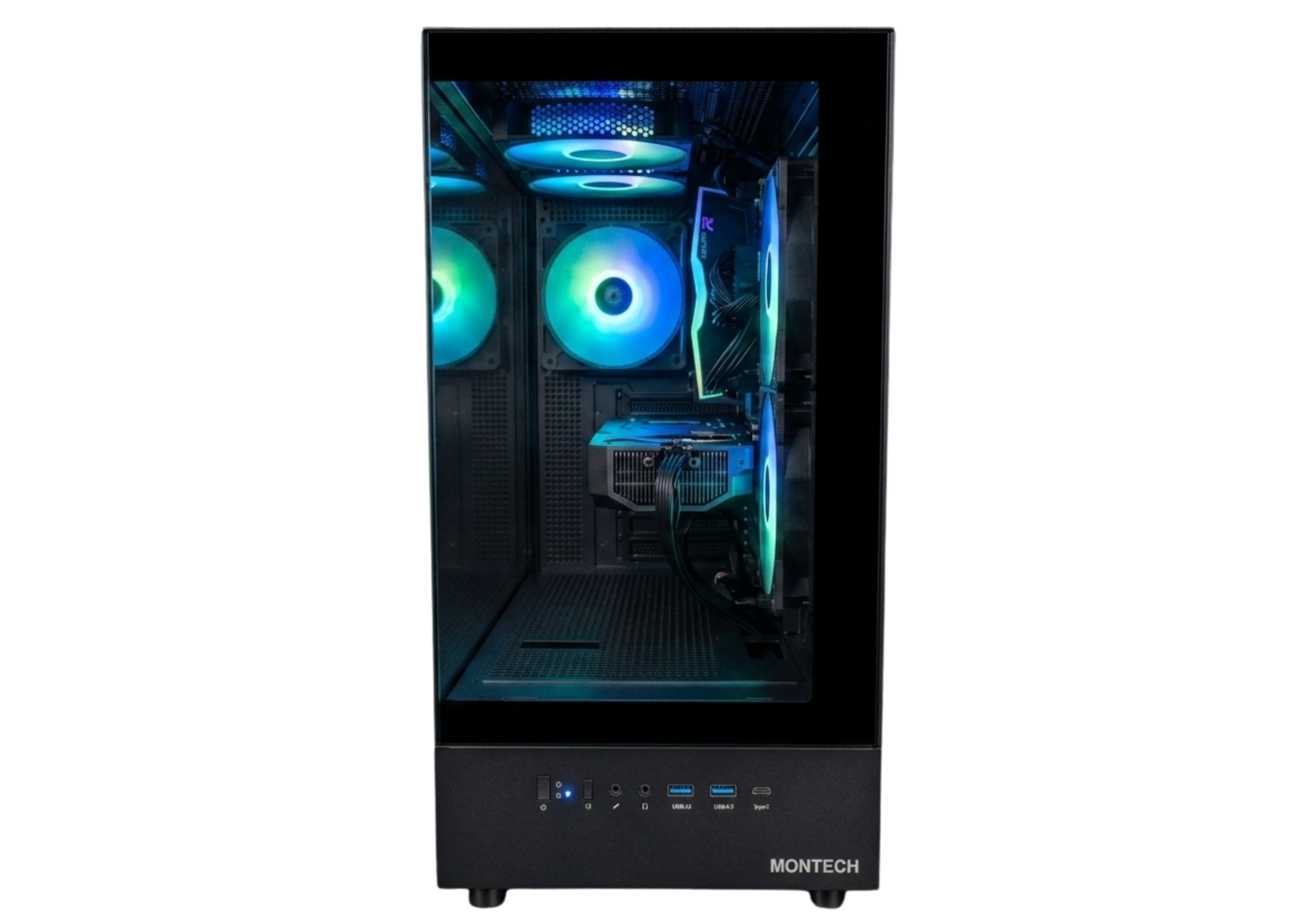 Una caja de PC con ventiladores y componentes iluminados. Iluminación azul y verde.