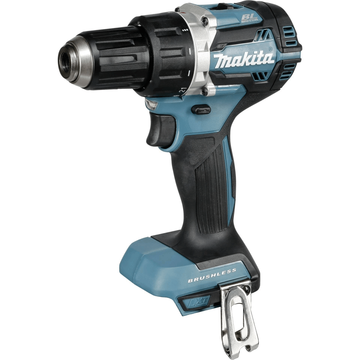 Ein blauer und schwarzer Makita-Akkuschrauber mit Metallfutter und LXT-Technologie.