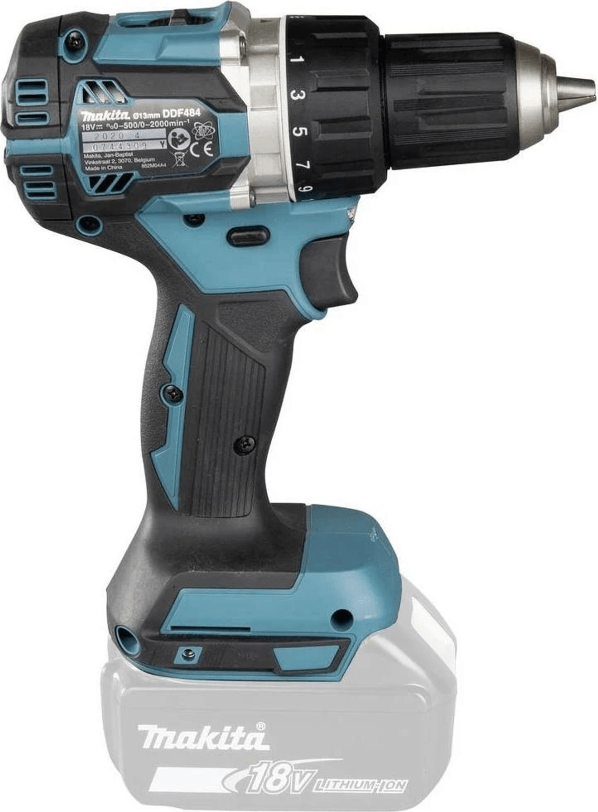Ein Makita Akku-Bohrschrauber mit schwarzem und tealem Korpus, Akkupack und sichtbaren Geschwindigkeitseinstellungen.