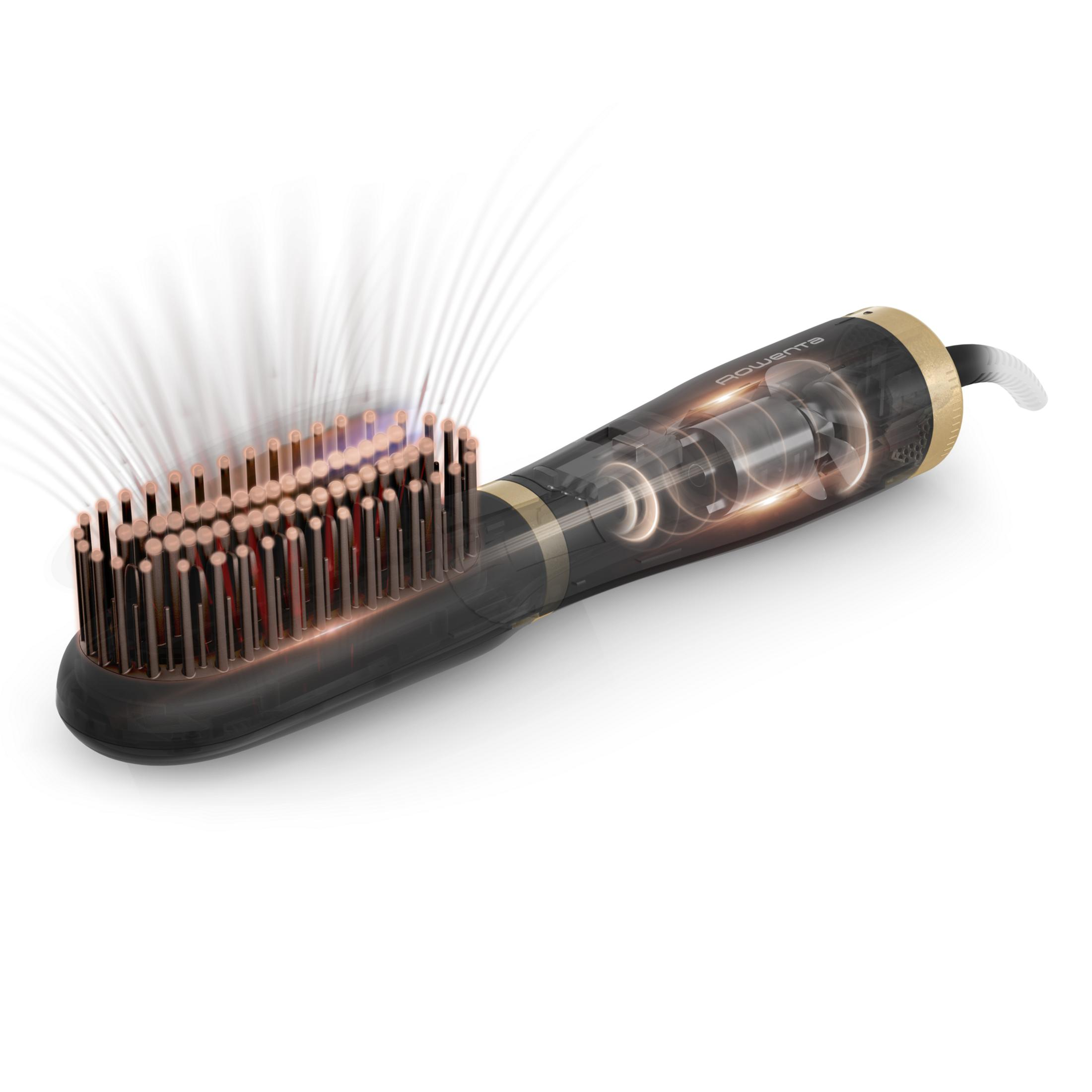 A black hair straightening brush with gold accent and visible internal mechanics, airflow.