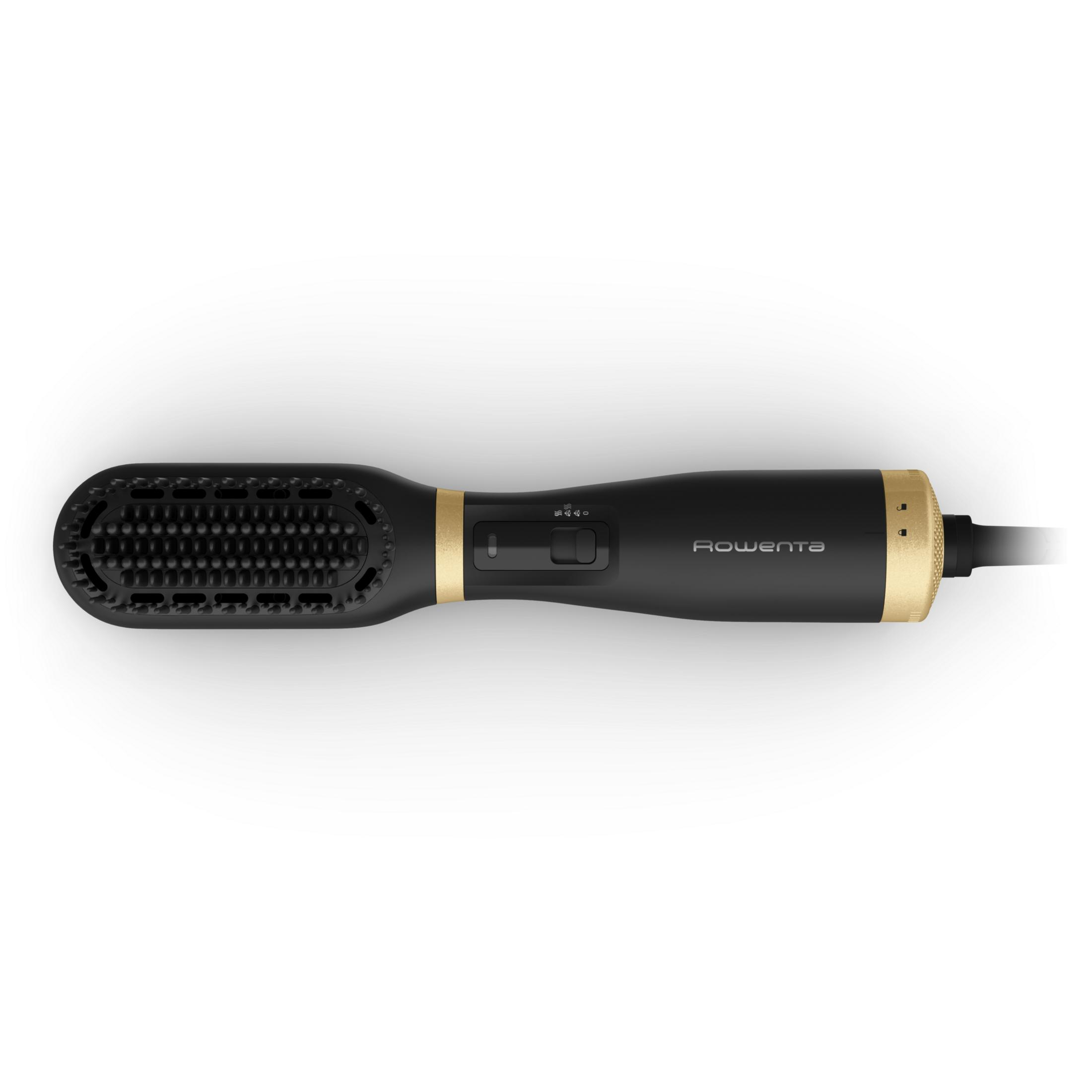 Black hair dryer with gold accents and brush attachment, designed for styling.