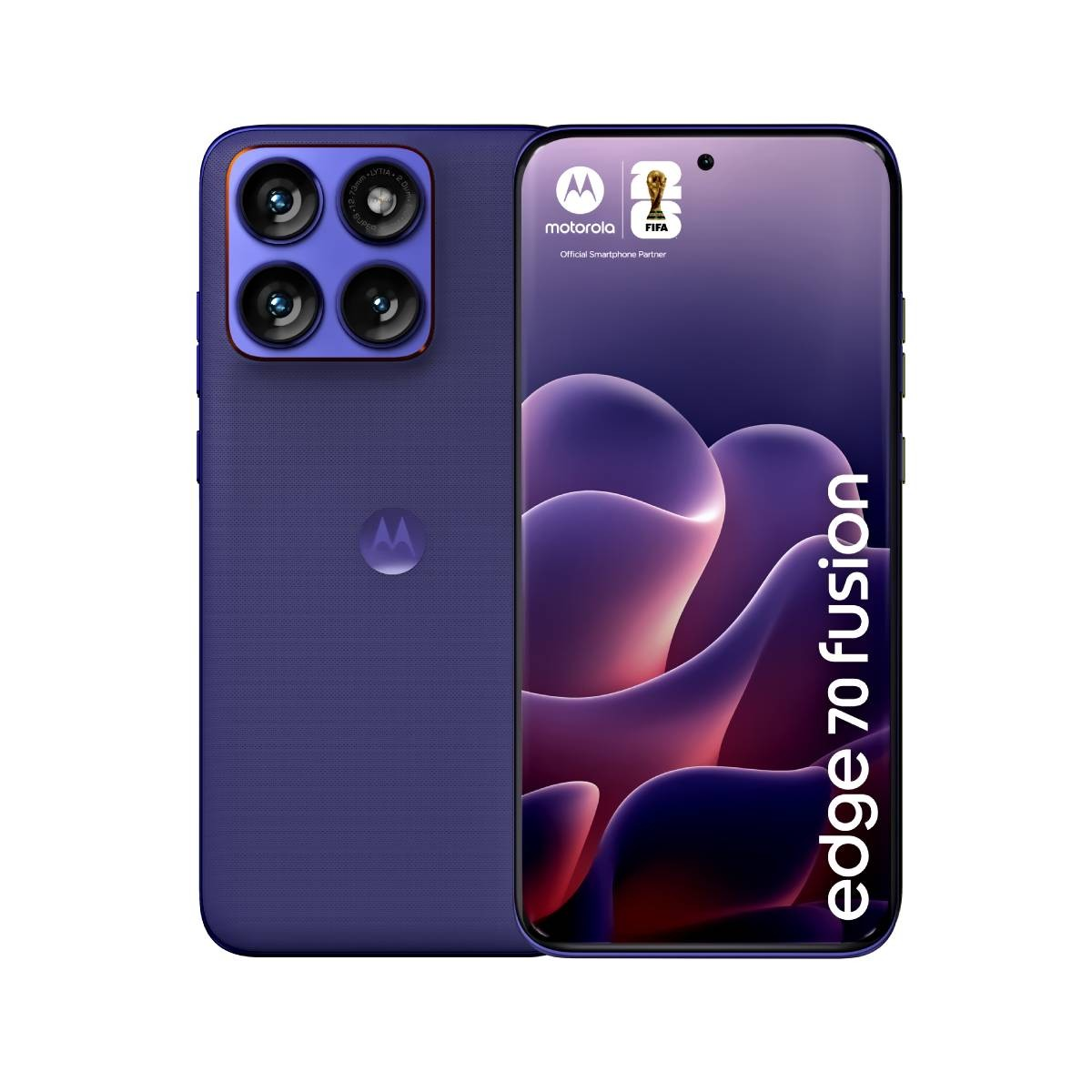 Ein lilafarbenes Motorola Edge 70 Fusion Smartphone mit vier Kameras auf der Rückseite.