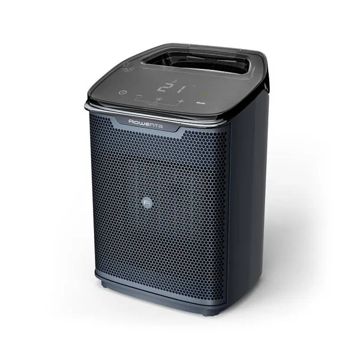 Un purificatore d'aria Rowenta scuro con display digitale in cima.