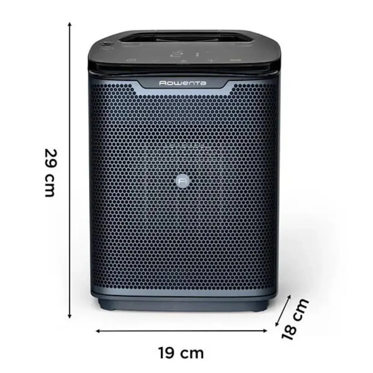 Un purificatore d'aria Rowenta scuro, alto 29 cm, largo 19 cm, profondo 18 cm.