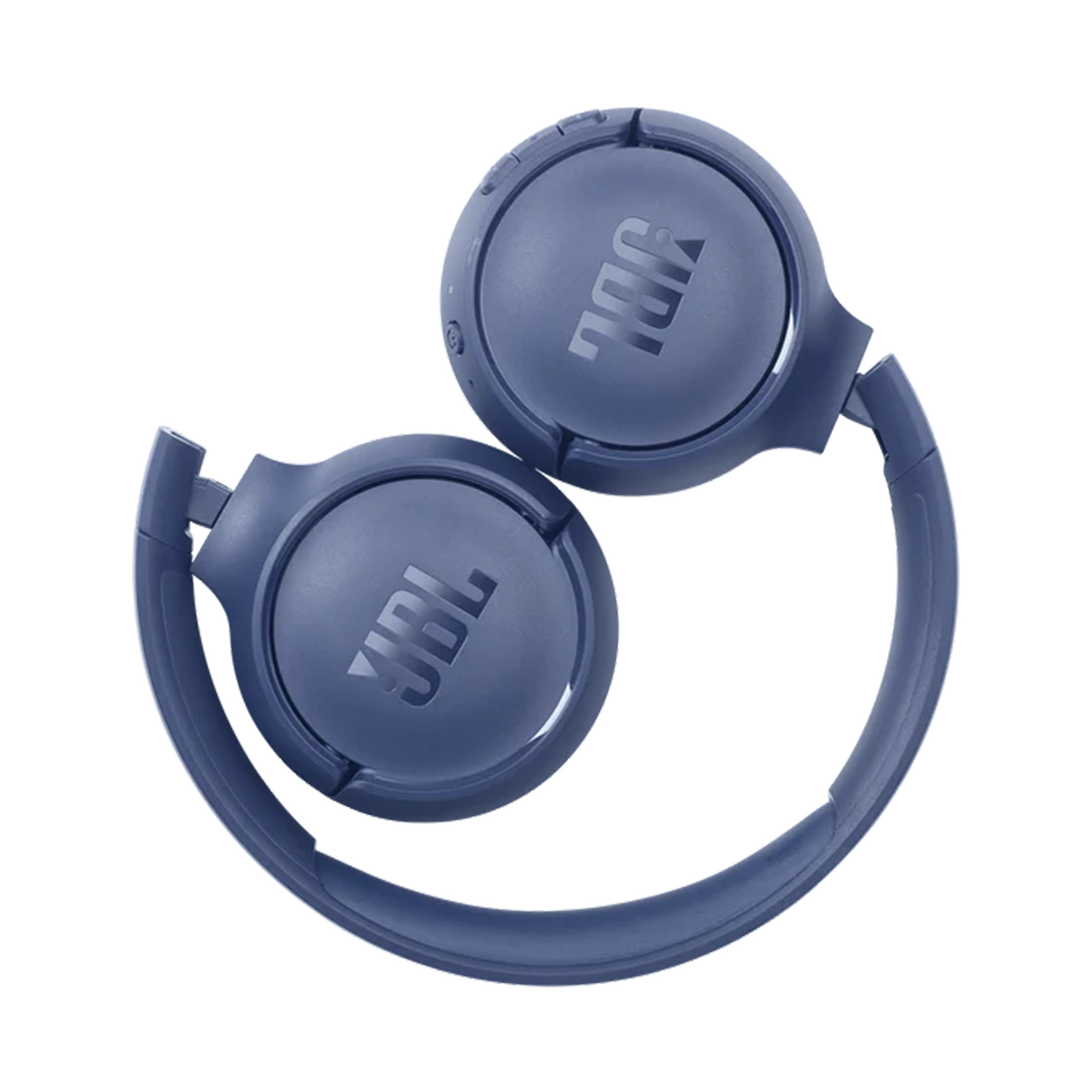 Blaue JBL-Kopfhörer mit über den Ohren liegenden Ohrmuscheln, auf einer Seite gefaltet.