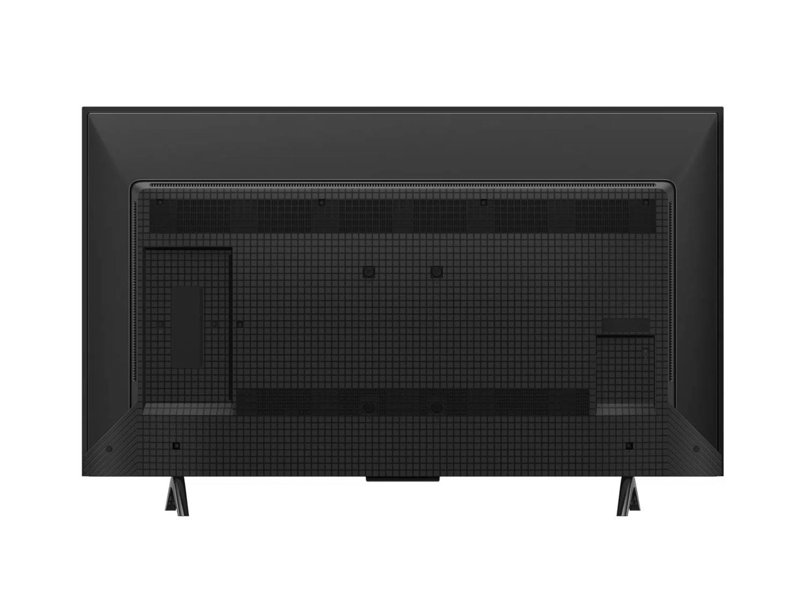 Parte trasera de un televisor negro con patrón de rejilla y soportes.