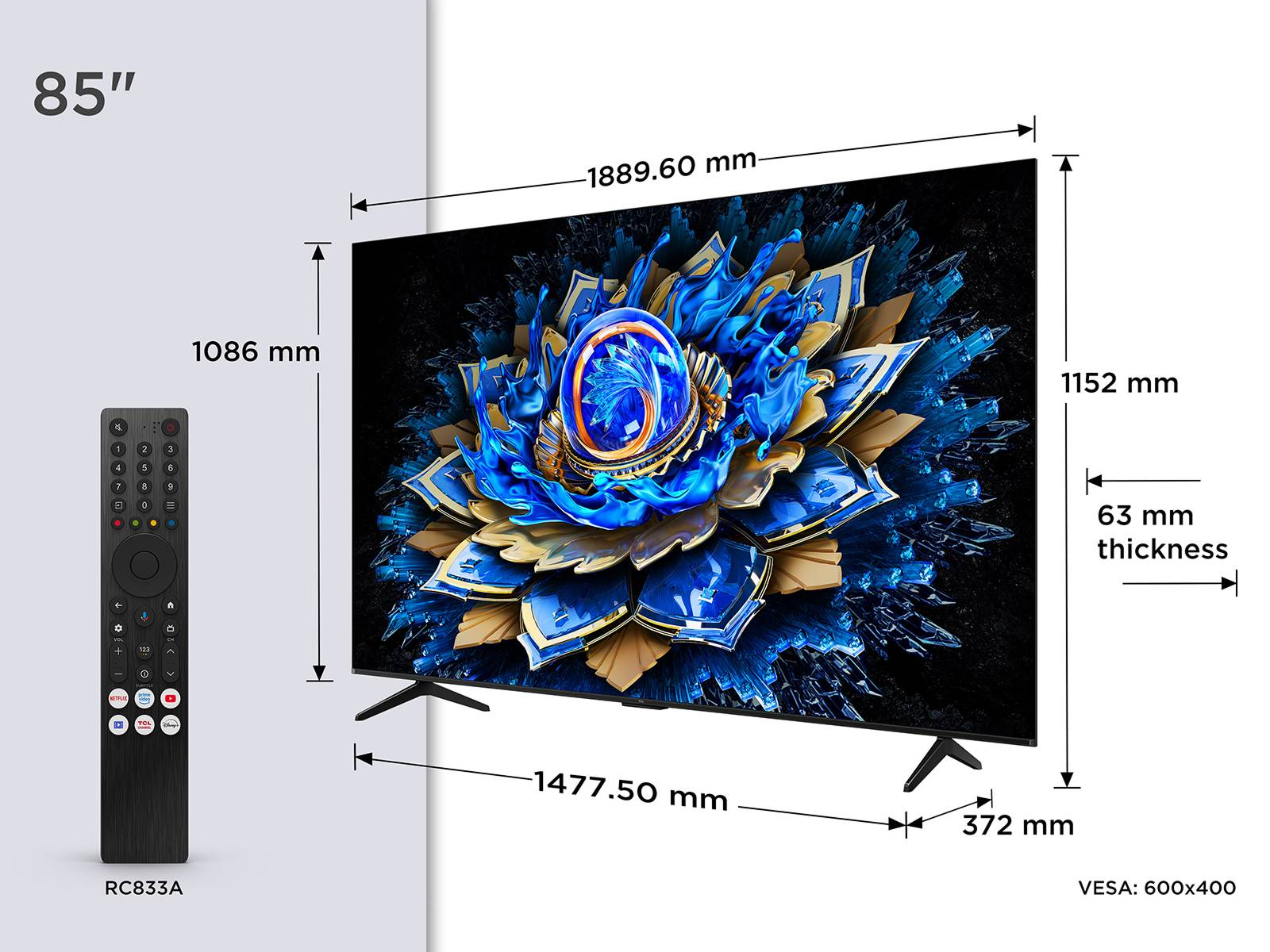 TV de 85 pulgadas con dimensiones y control remoto. Pantalla muestra patrón floral azul y dorado.