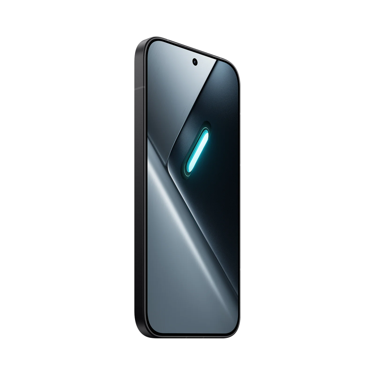 Un smartphone negro con una franja azul brillante en la parte trasera.