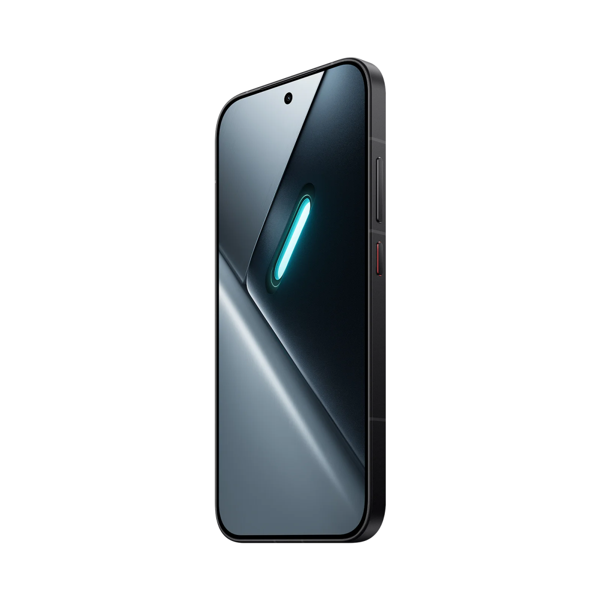 Un smartphone oscuro con una franja azul brillante en la pantalla.