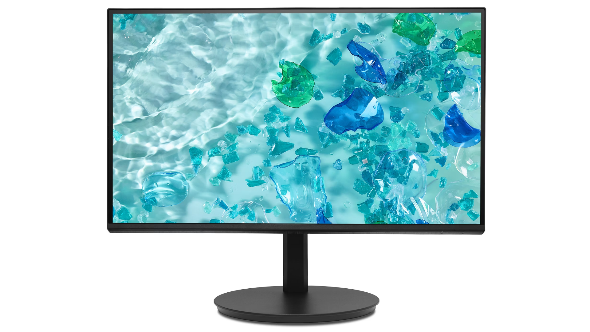 Un monitor mostra un'immagine di pezzi di vetro blu e verdi rotti sott'acqua.