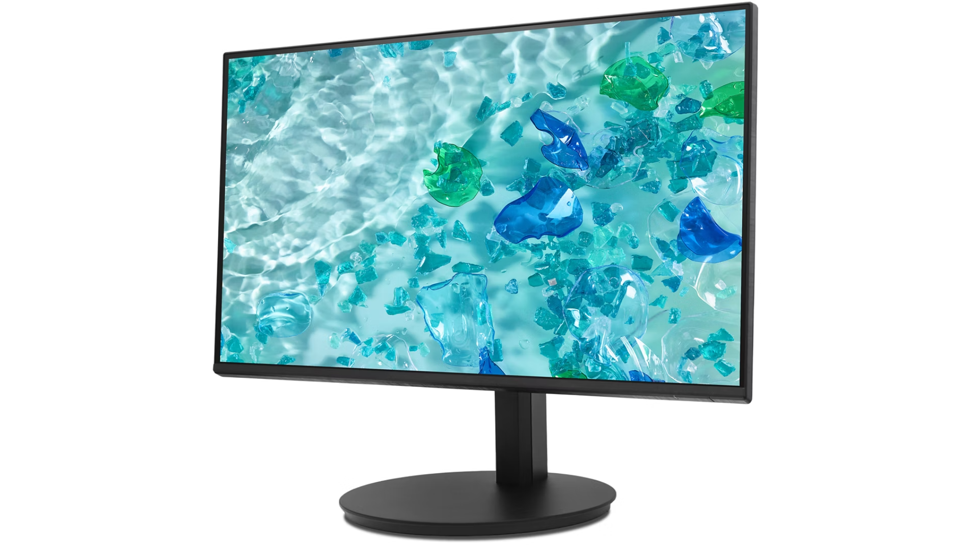 Un monitor moderno con uno sfondo astratto di pezzi di vetro blu e verdi rotti.