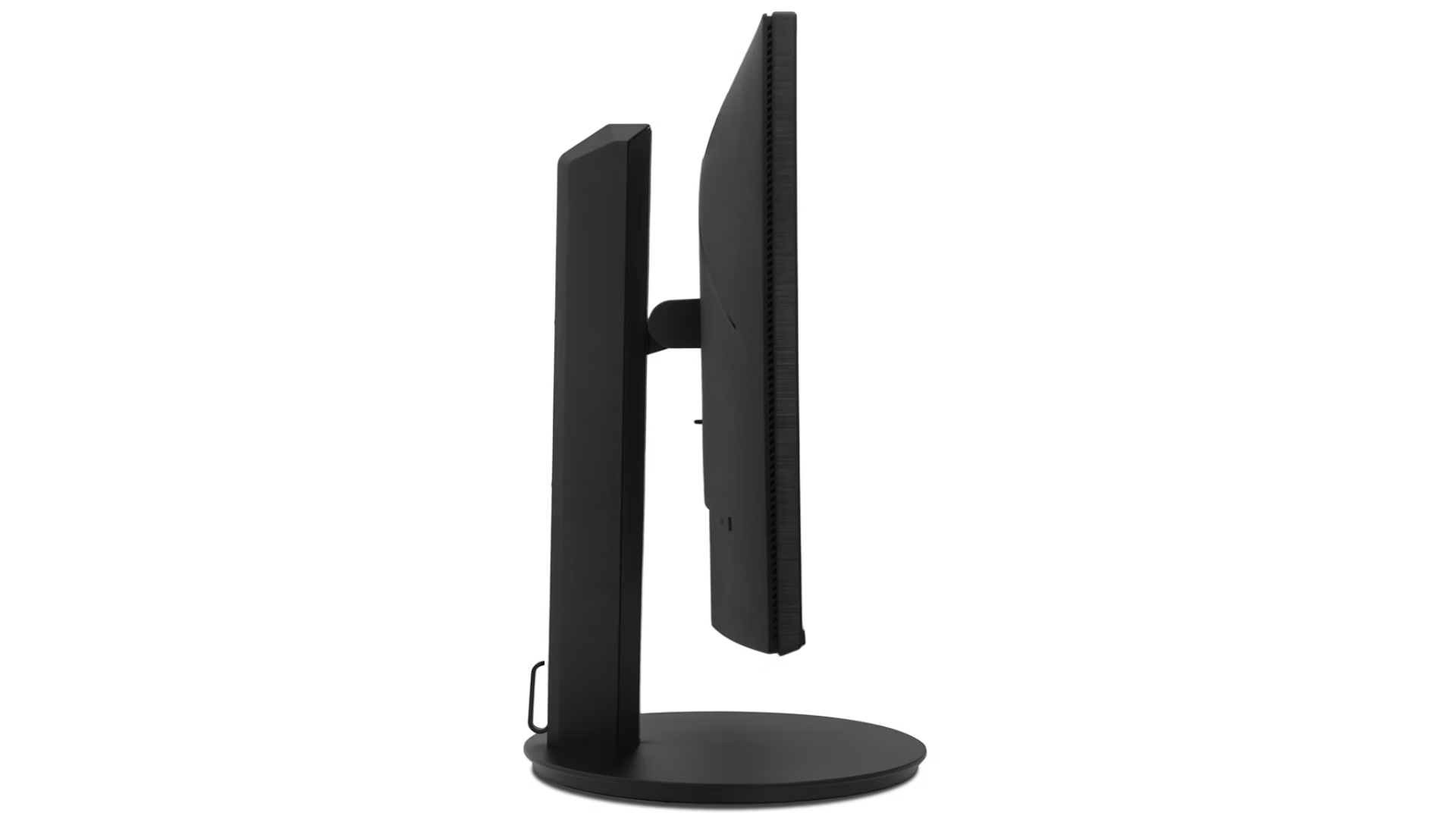 Un monitor per computer nero con base rotonda, visto di lato.