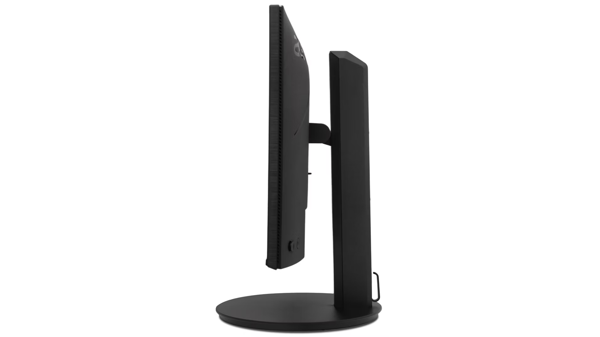 Monitor nero di profilo su base rotonda.