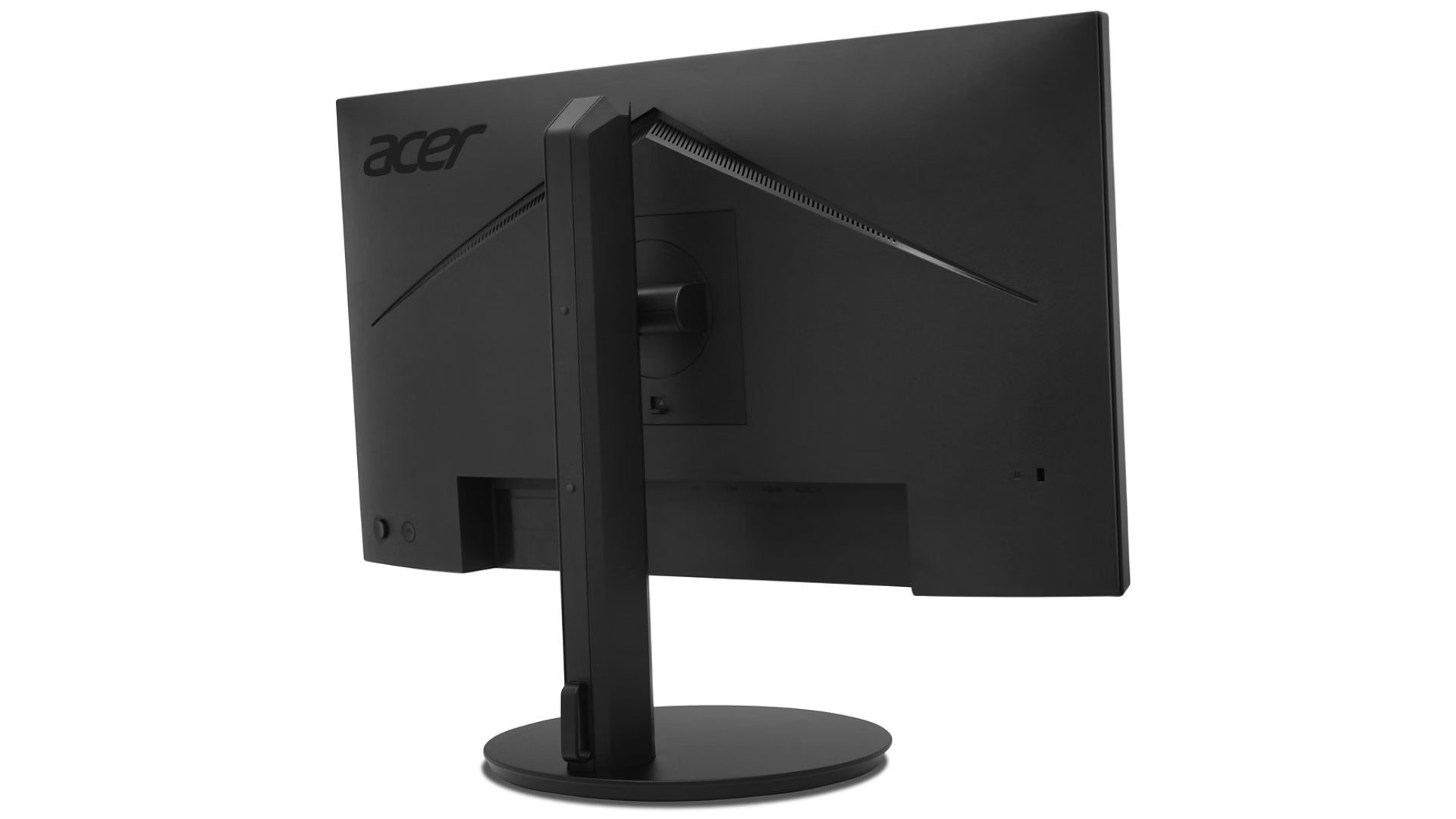 Vista posteriore di un monitor Acer nero con supporto e porte visibili.