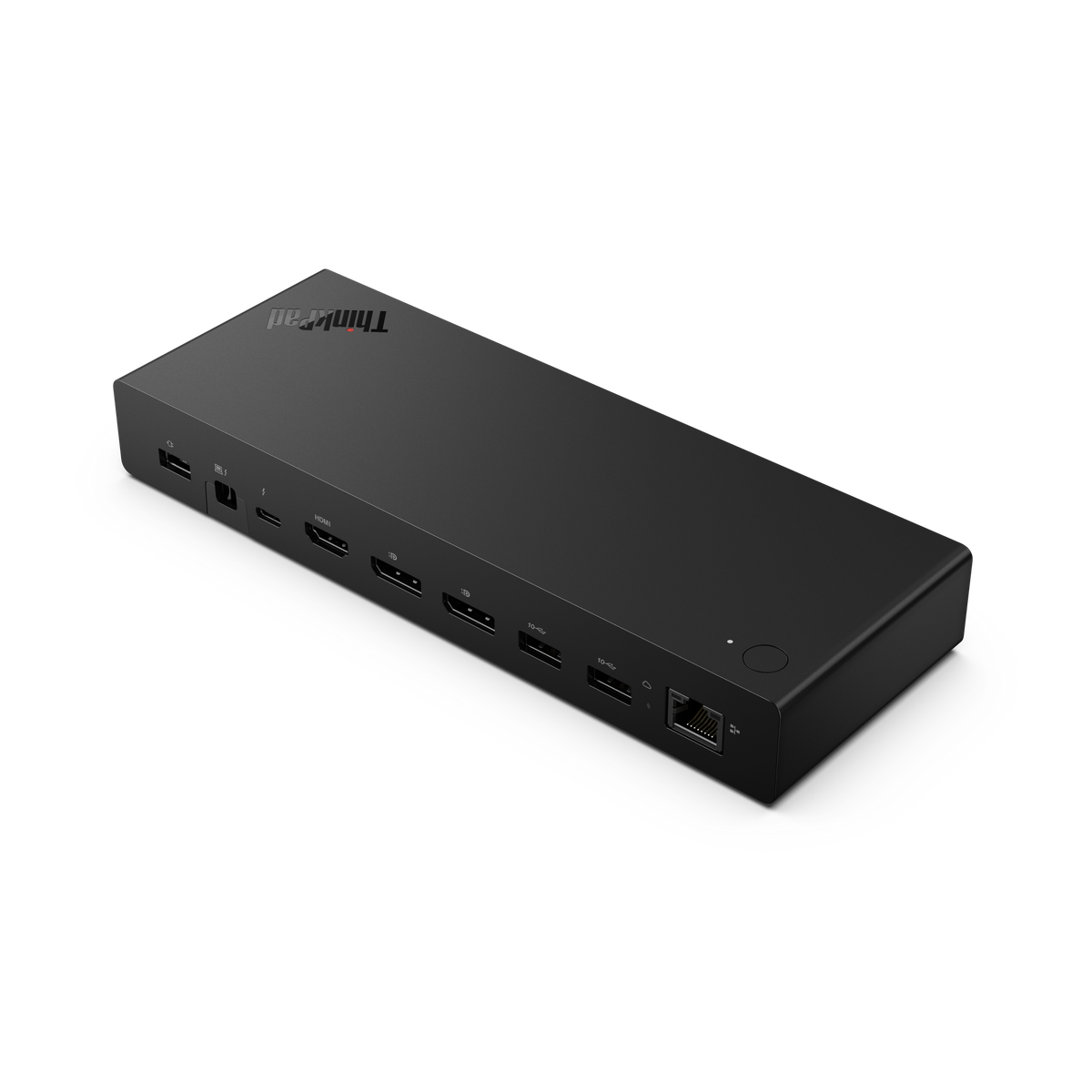 Schwarzer ThinkPad Dockingstation mit Anschlüssen wie USB, HDMI und Ethernet.